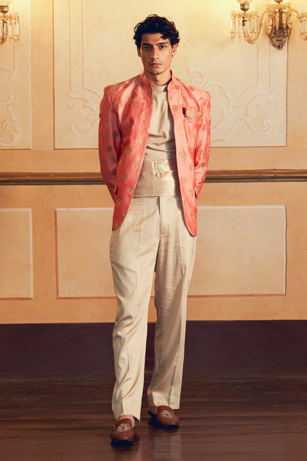 Coral Jacquard Banarasi men's jacket set