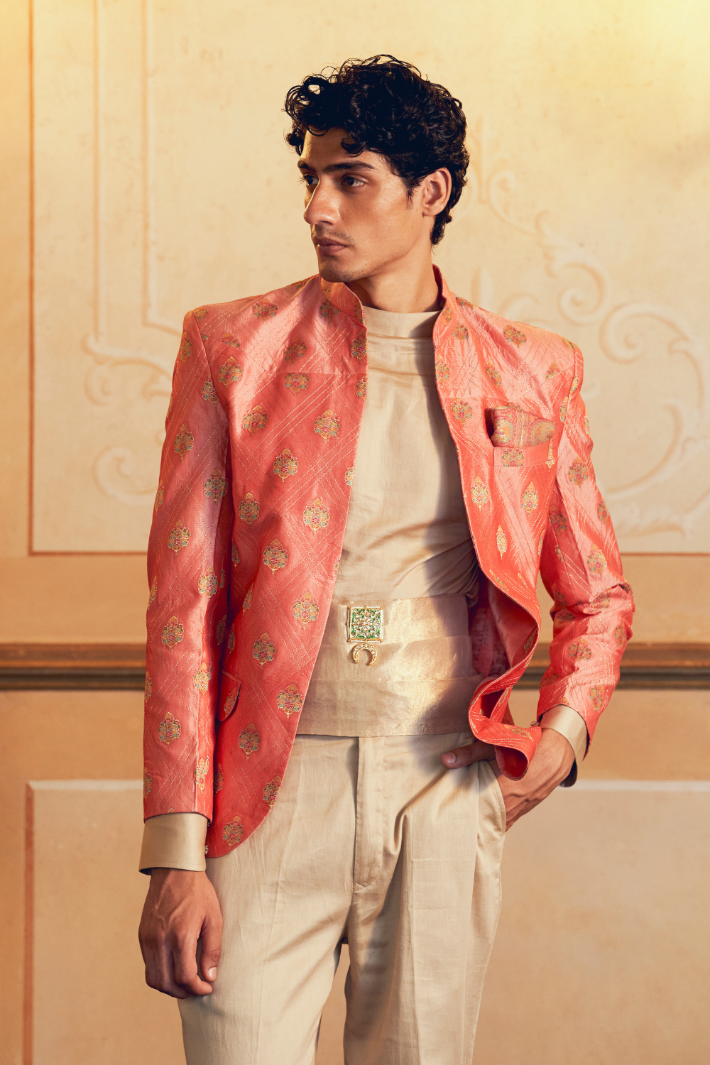 Coral Jacquard Banarasi men's jacket