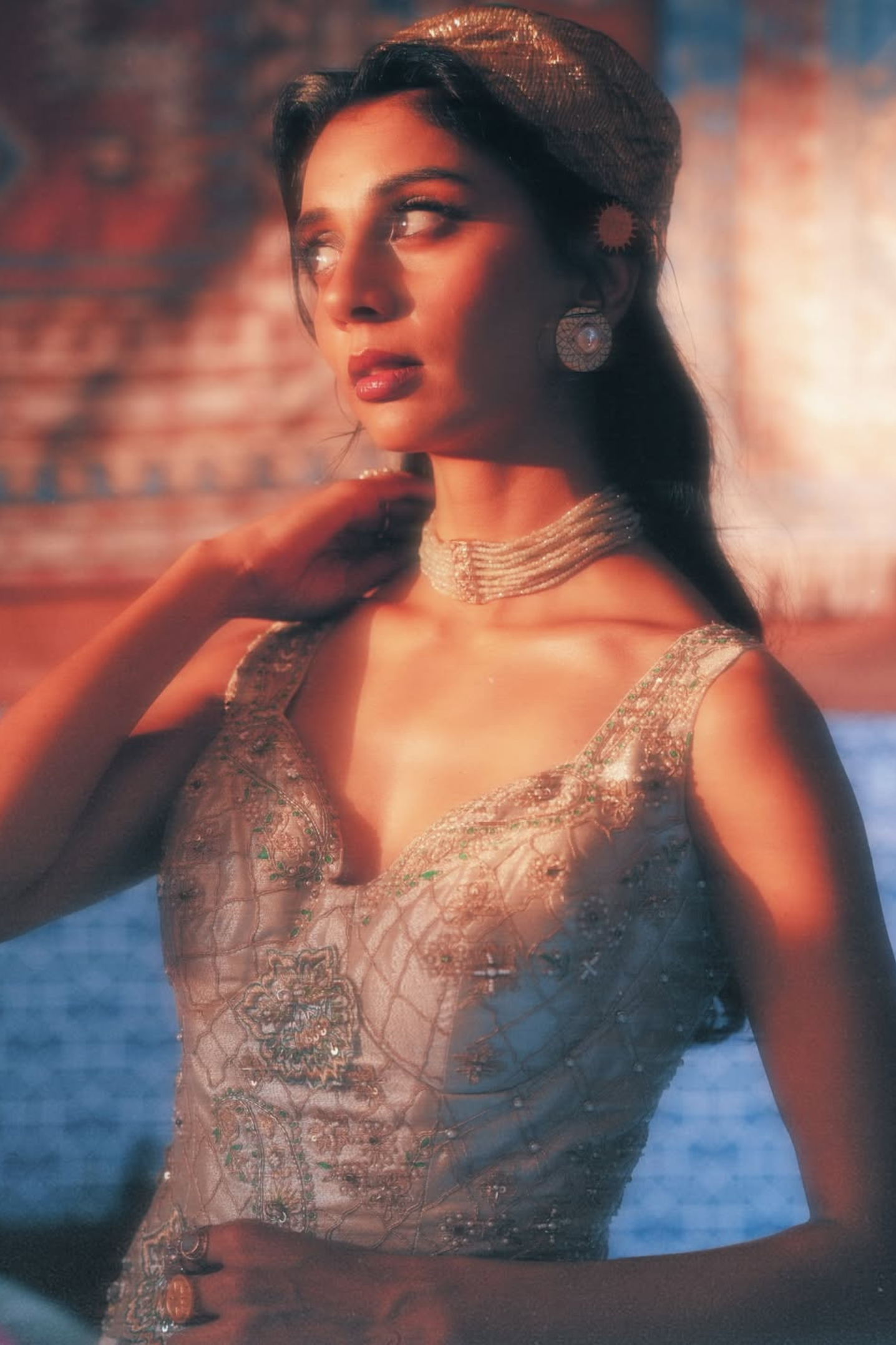 Dolly Singh in our Pearl-Gold Draped Skirt and Corset Set