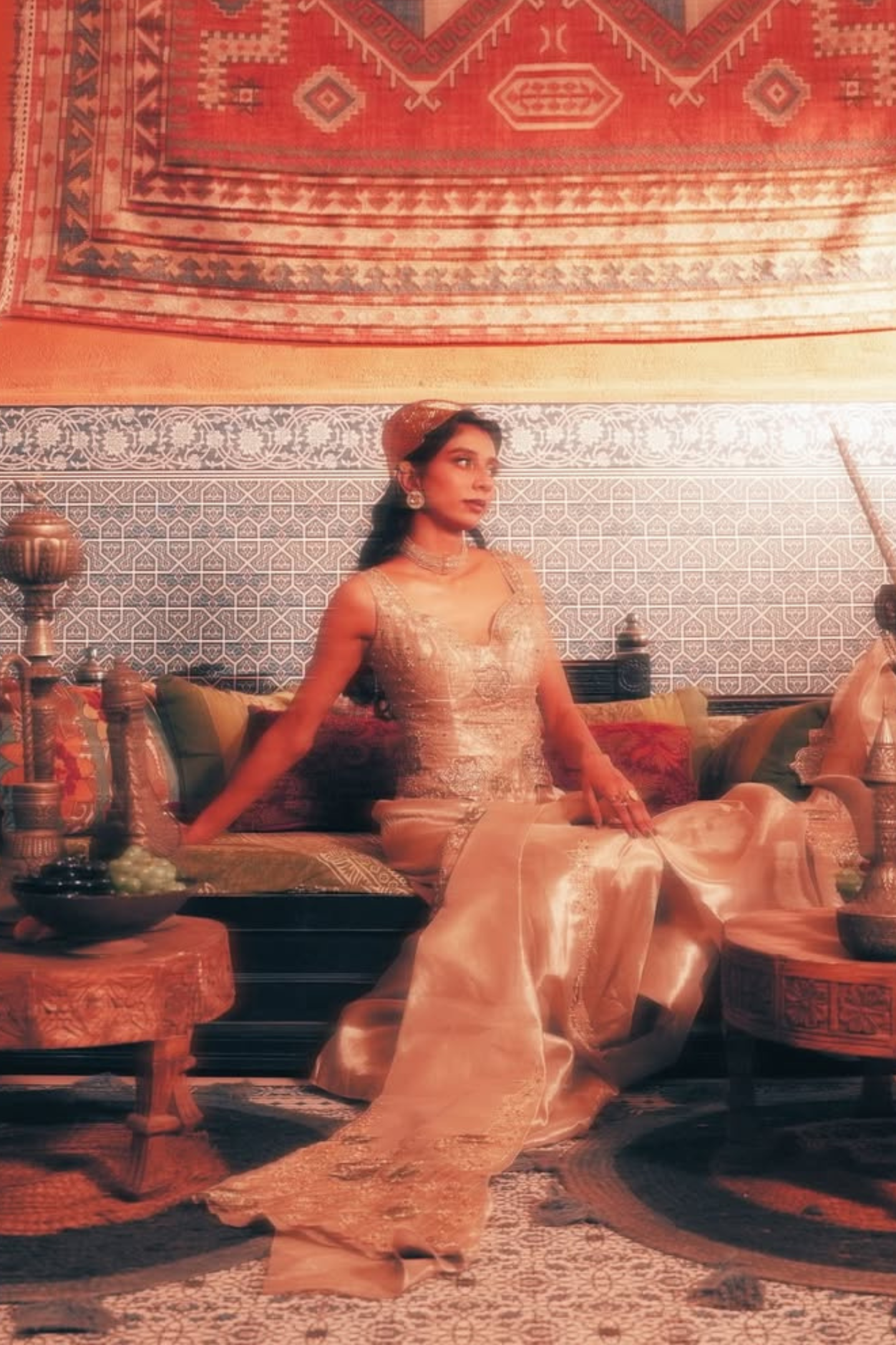 Dolly Singh in our Pearl-Gold Draped Skirt and Corset Set