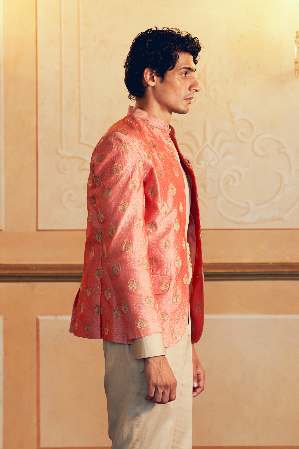 Coral Jacquard Banarasi men's jacket