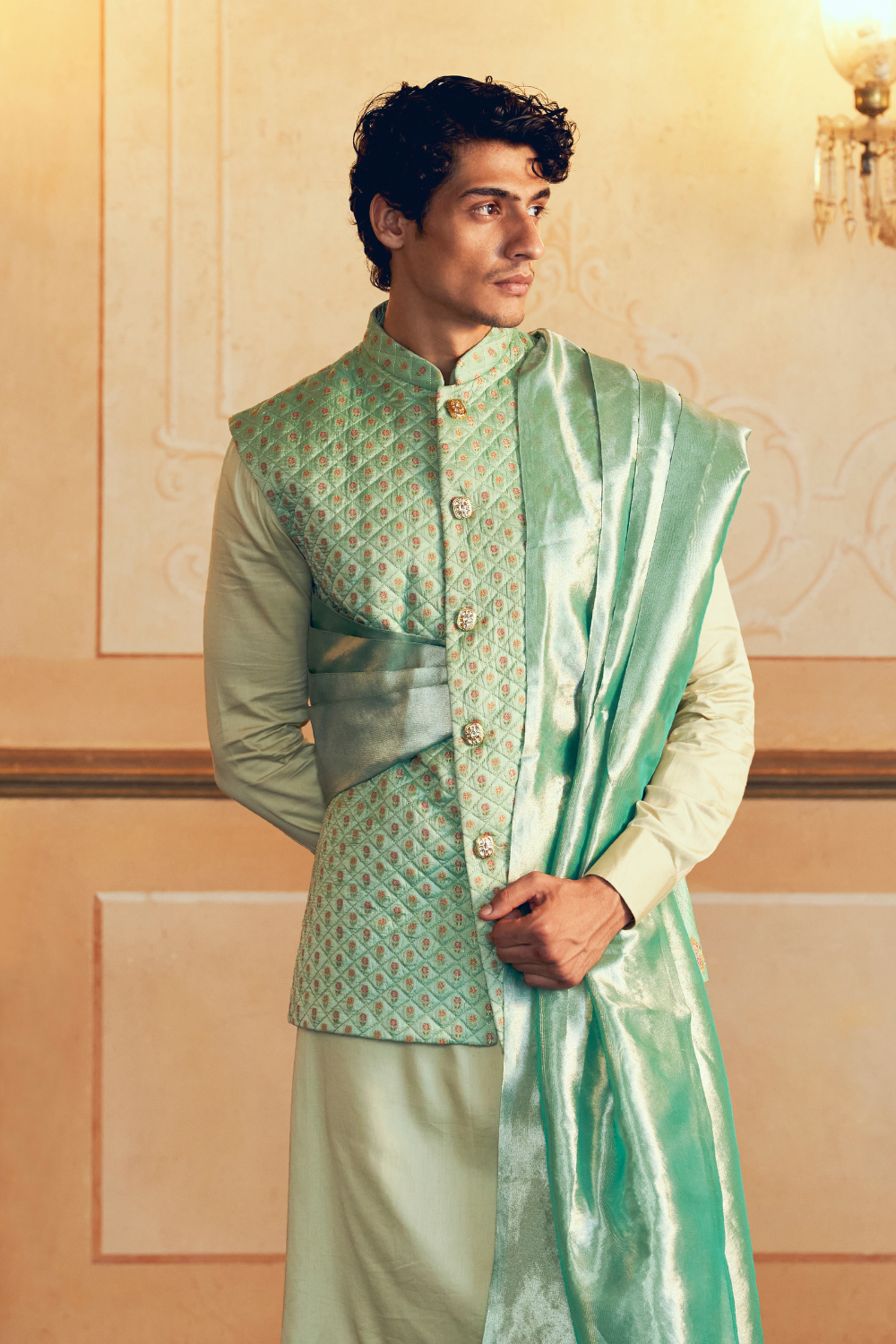 Mint Green Jacquard Banarasi men's jacket set