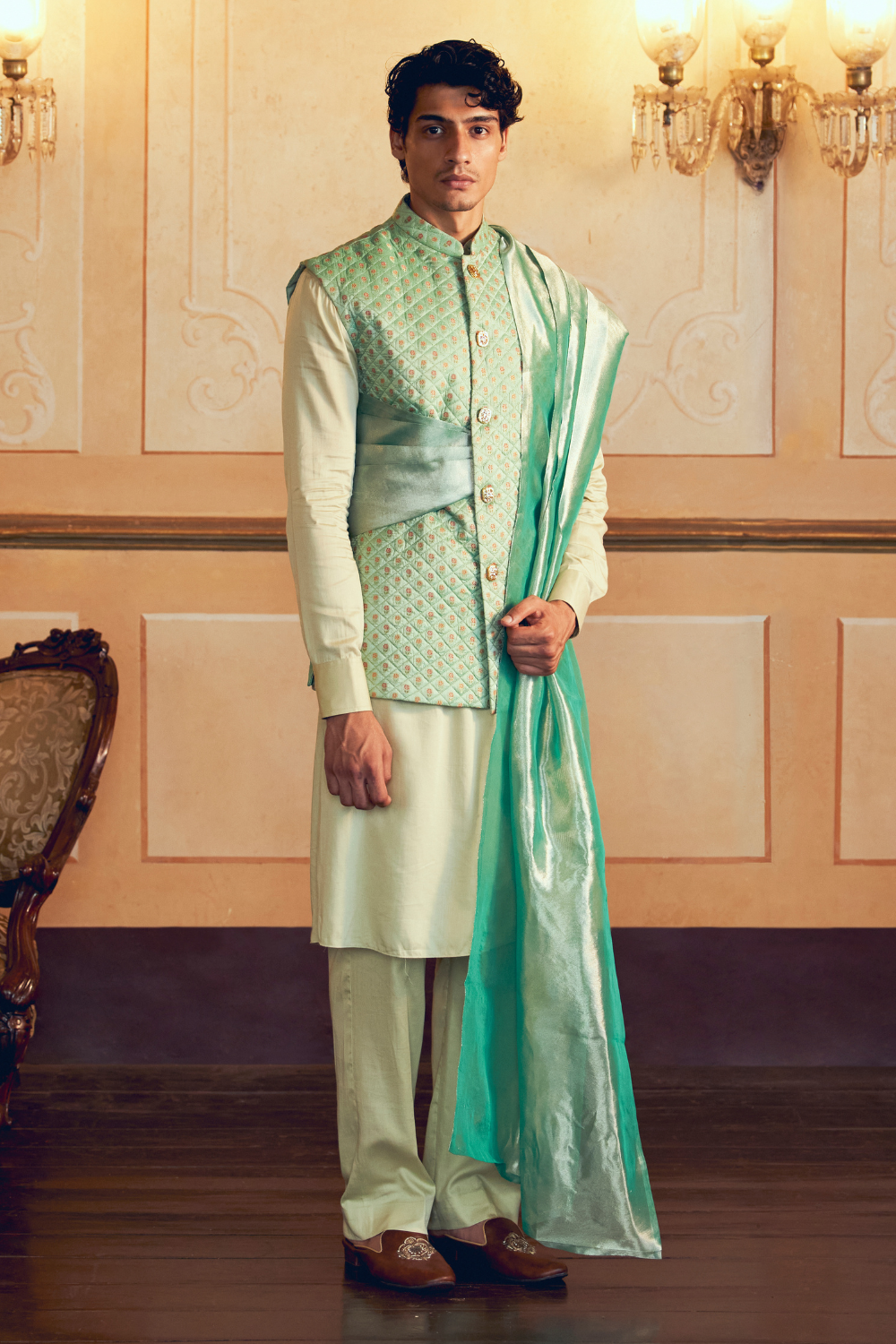 Mint Green Jacquard Banarasi men's jacket