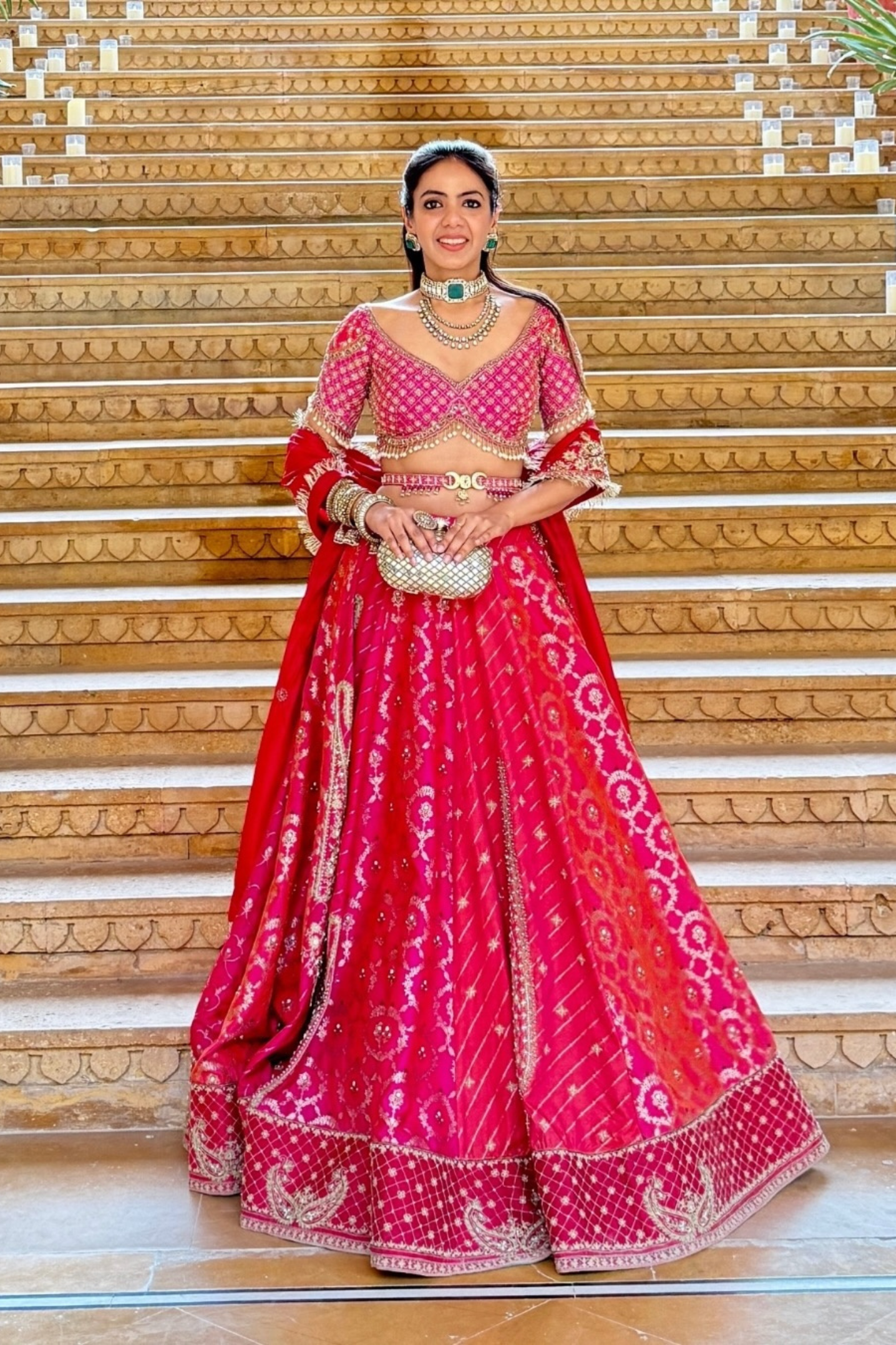 Sneha Adwani in our Panelled Hot Pink and Peach Silk Banarsi Lehenga Set