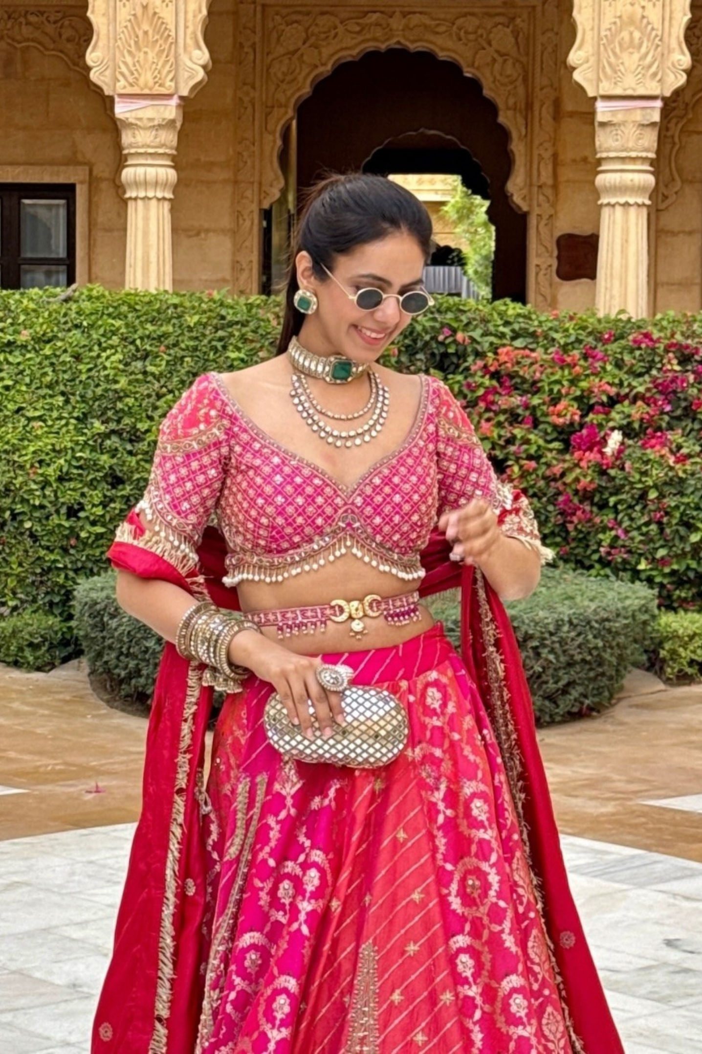 Sneha Adwani in our Panelled Hot Pink and Peach Silk Banarsi Lehenga Set