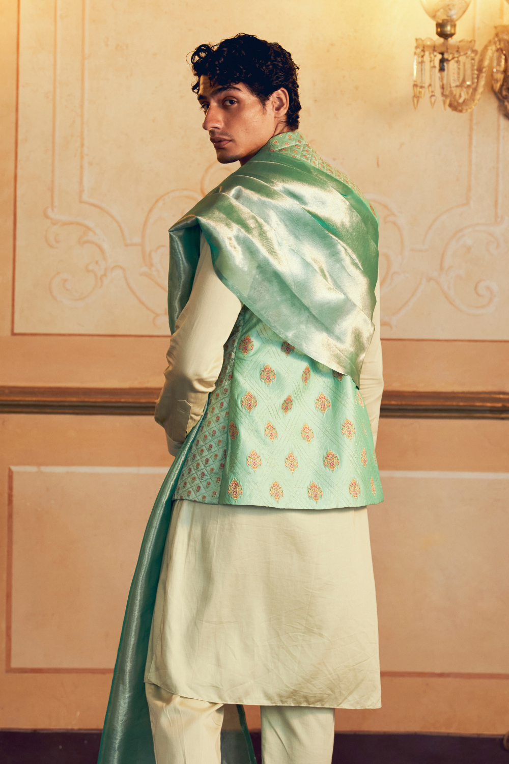 Mint Green Jacquard Banarasi men's jacket