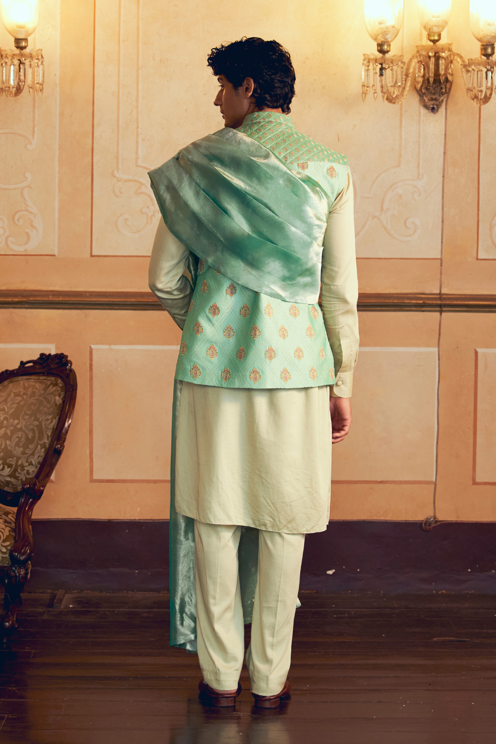 Mint Green Jacquard Banarasi men's jacket set