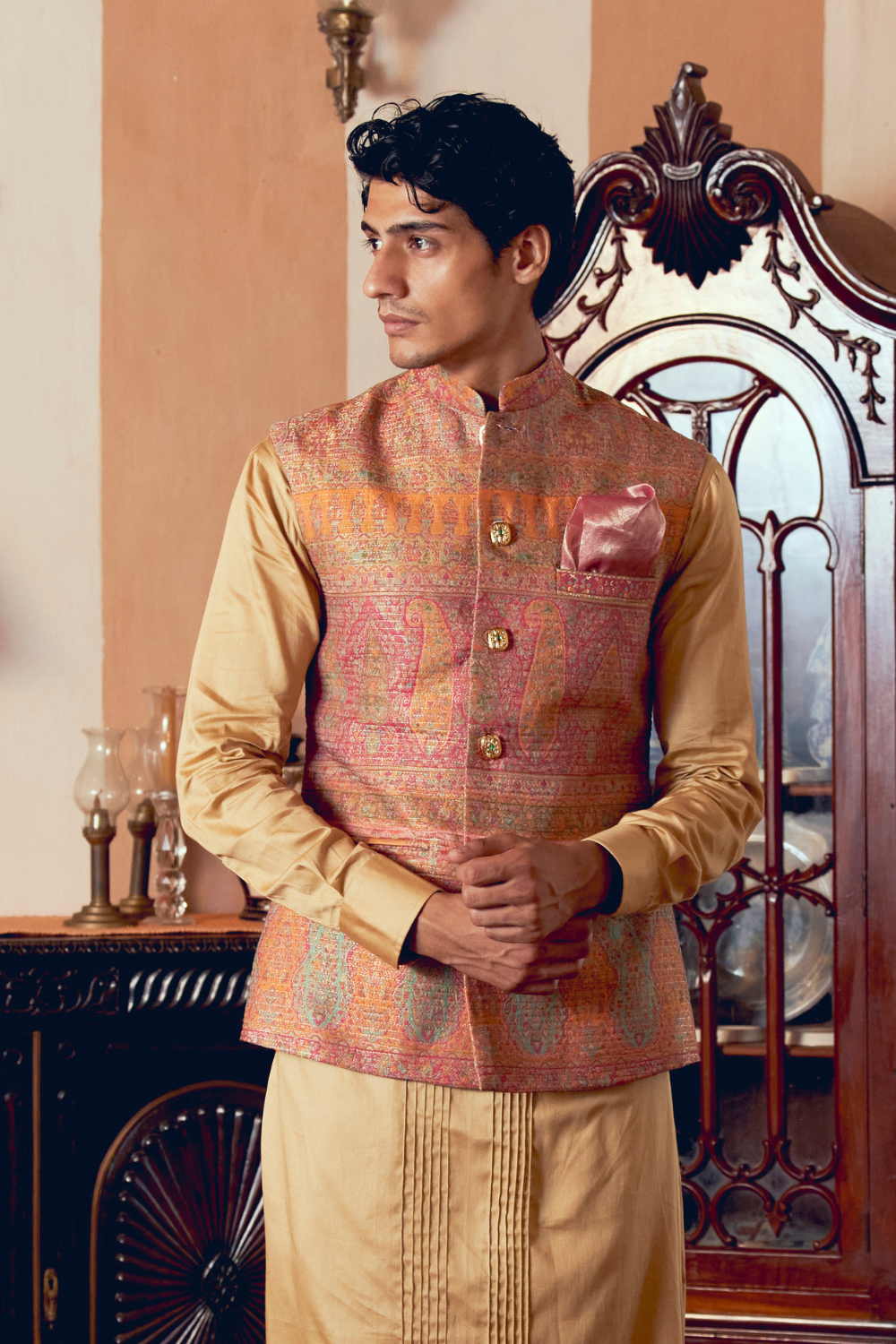 Multicolored Banarasi Jamawar men's jacket set