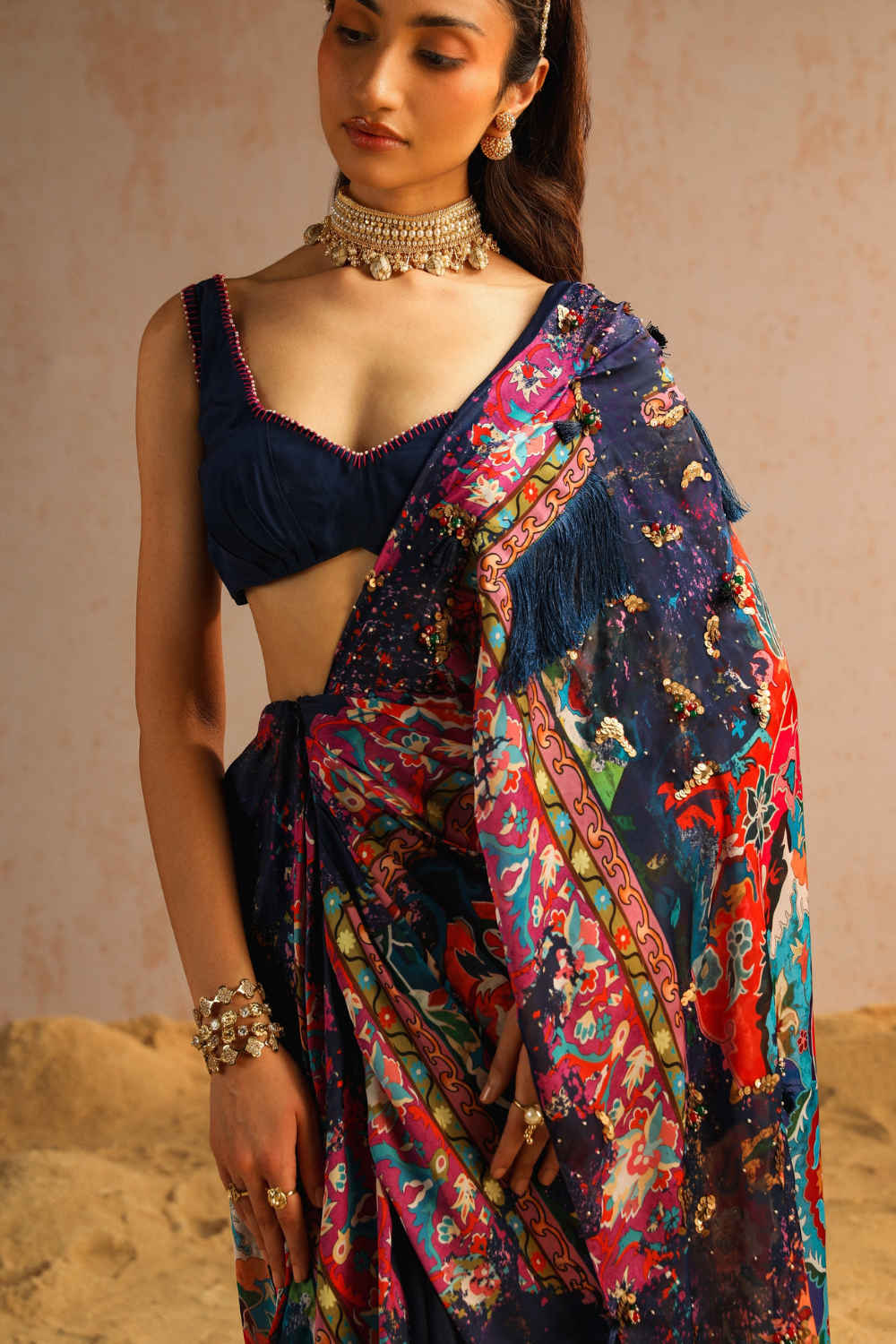 Blue draped saree with blouse