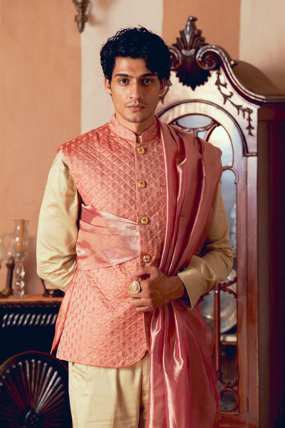 Coral Jacquard Banarasi men's jacket set