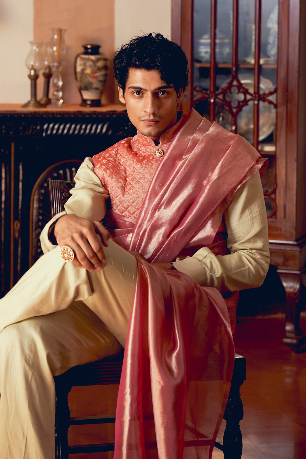 Coral Jacquard Banarasi men's jacket