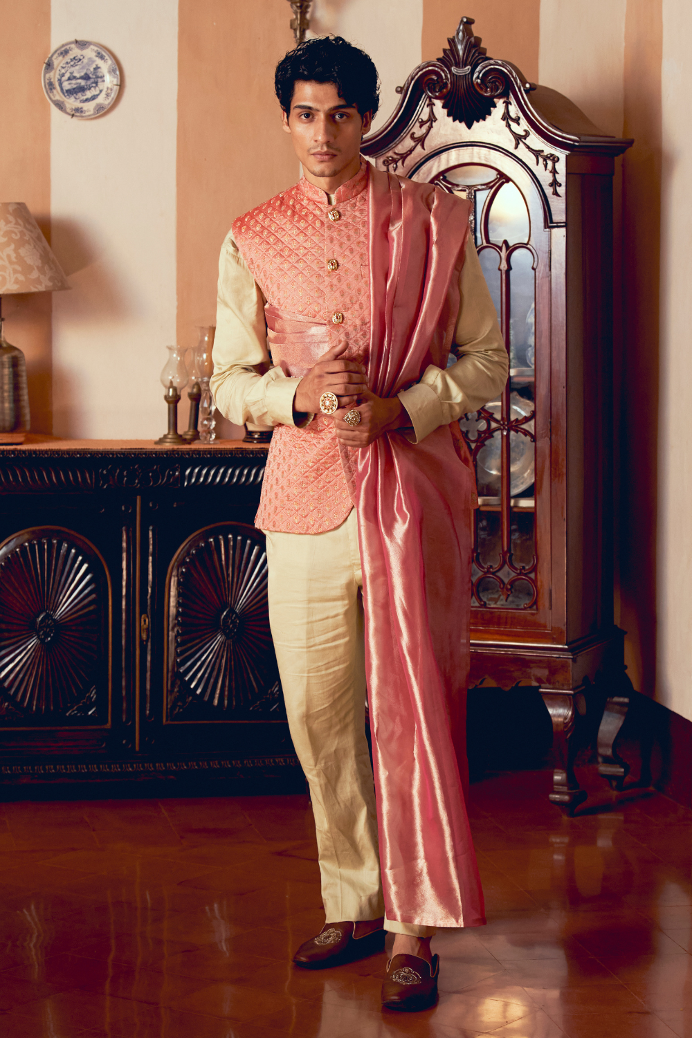 Coral Jacquard Banarasi men's jacket