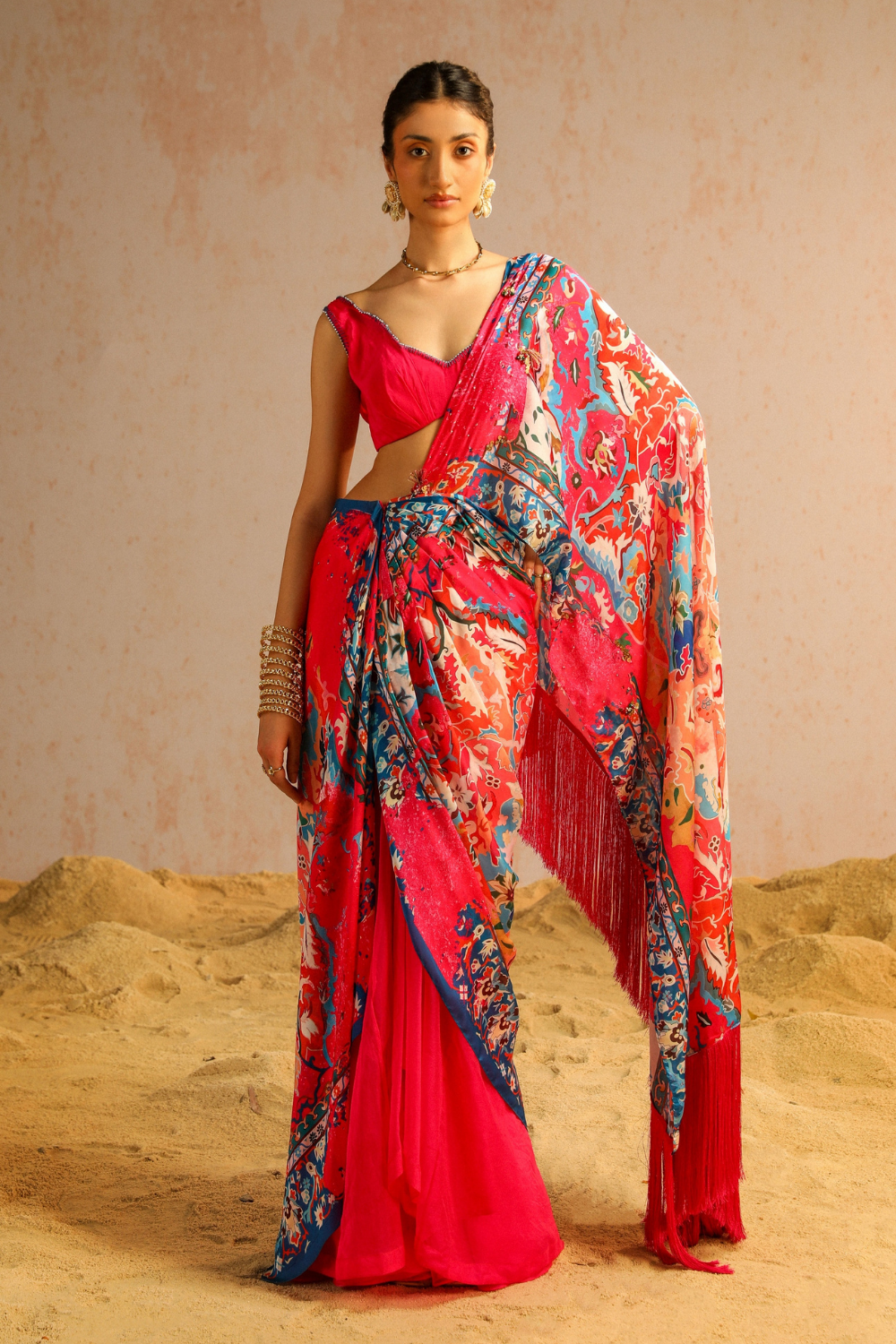Hot pink draped saree with blouse