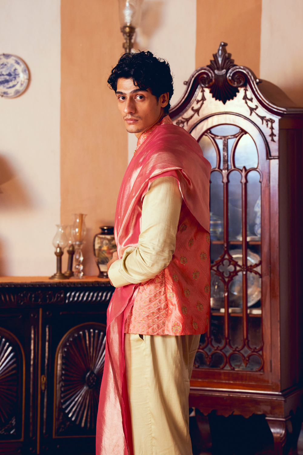 Coral Jacquard Banarasi men's jacket set