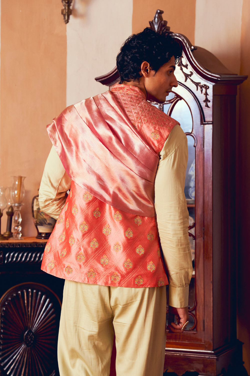 Coral Jacquard Banarasi men's jacket