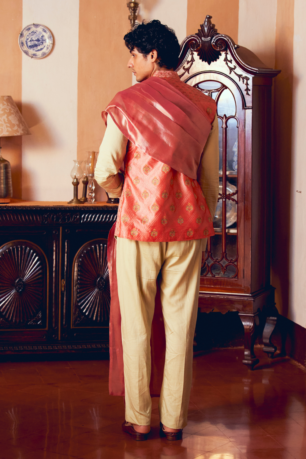 Coral Jacquard Banarasi men's jacket