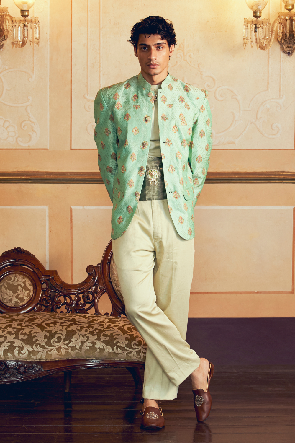 Mint Green Jacquard Banarasi men's jacket