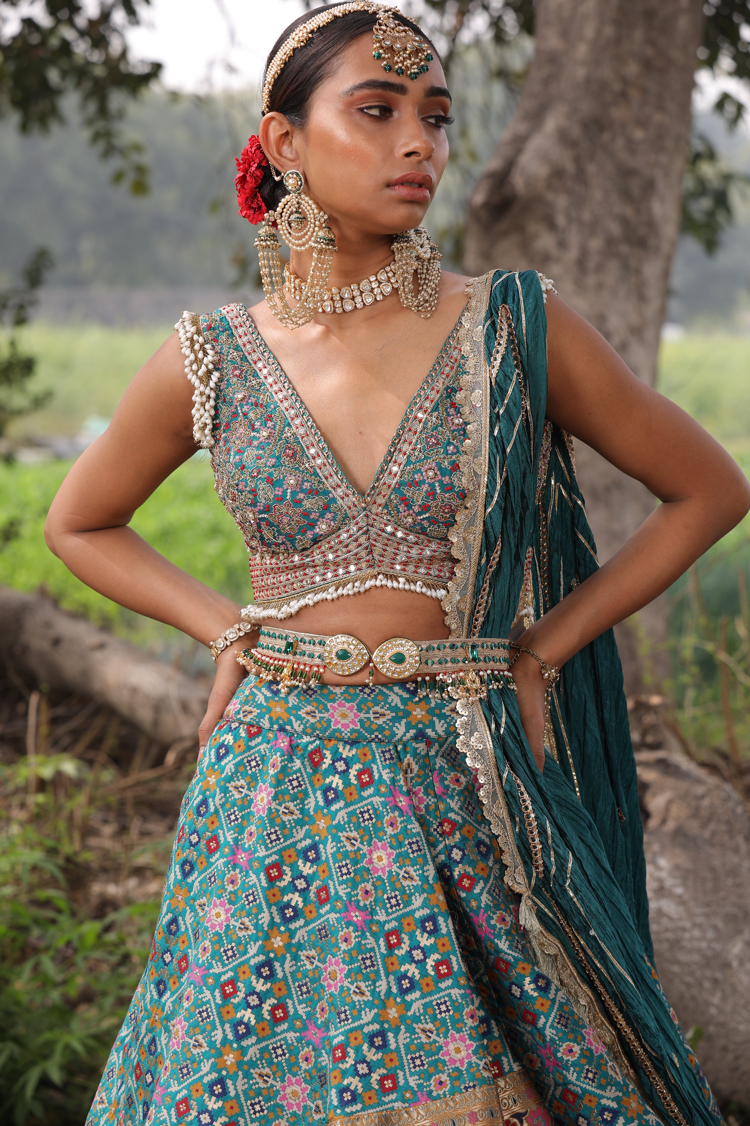 Women's Teal Banarasi Ikat Lehenga Set