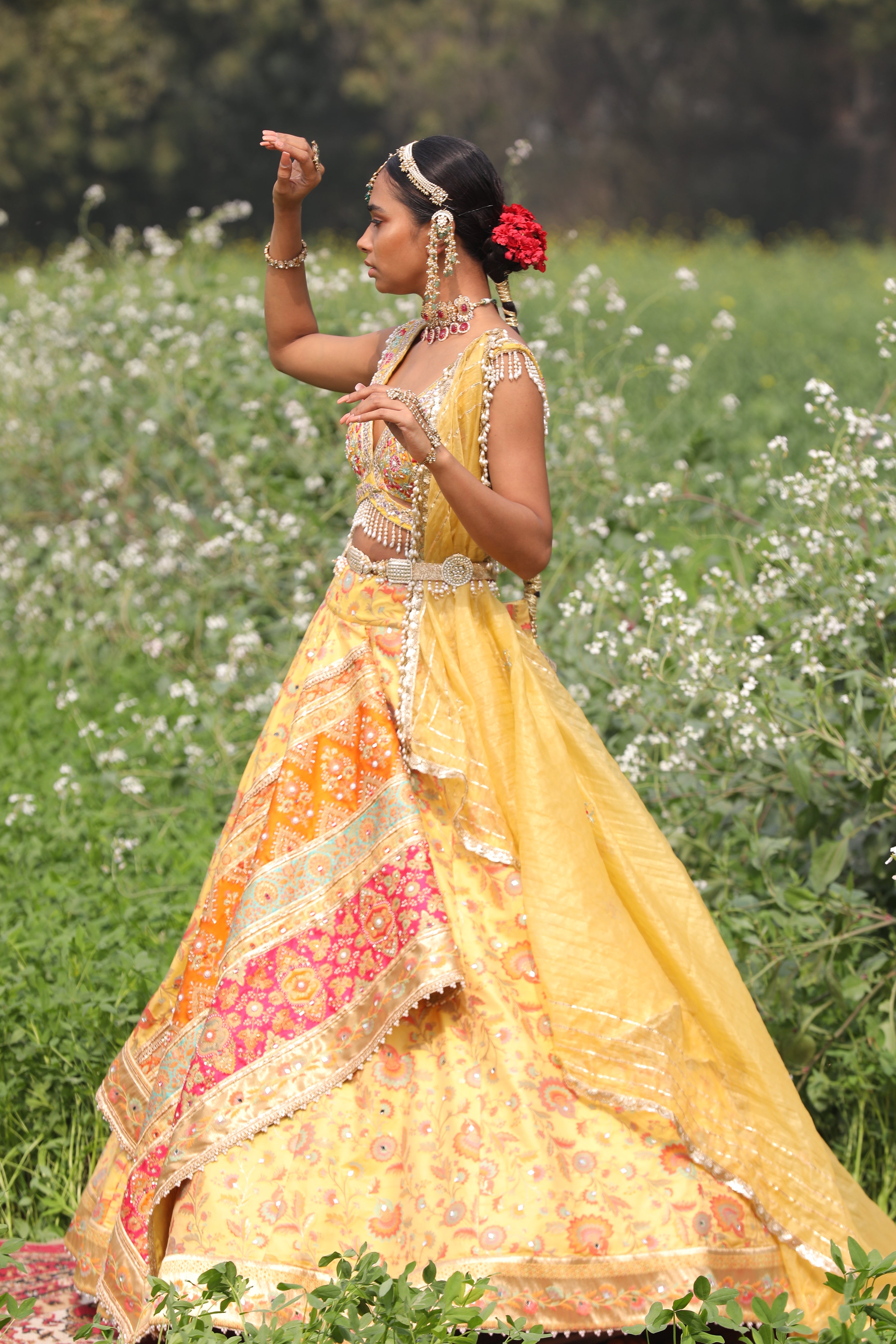 Women's Yellow Floral Asymmetrical Lehenga Set  leftview