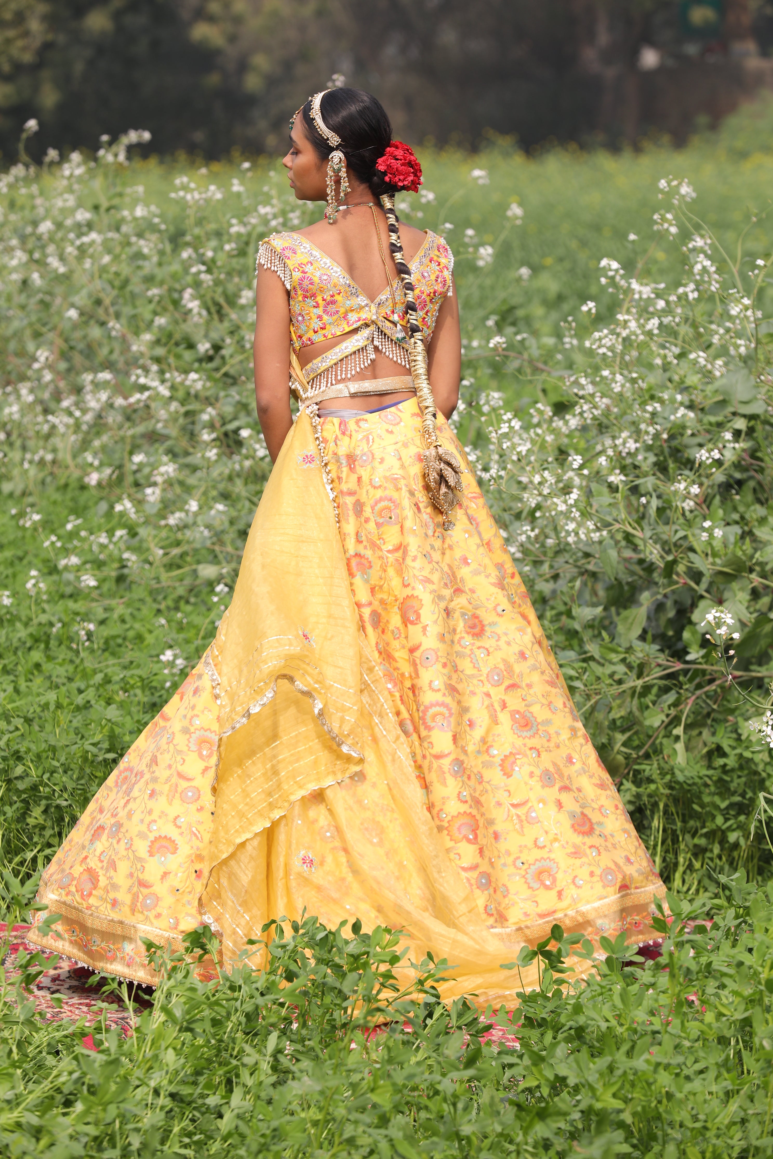 Women's Yellow Floral Asymmetrical Lehenga Set 