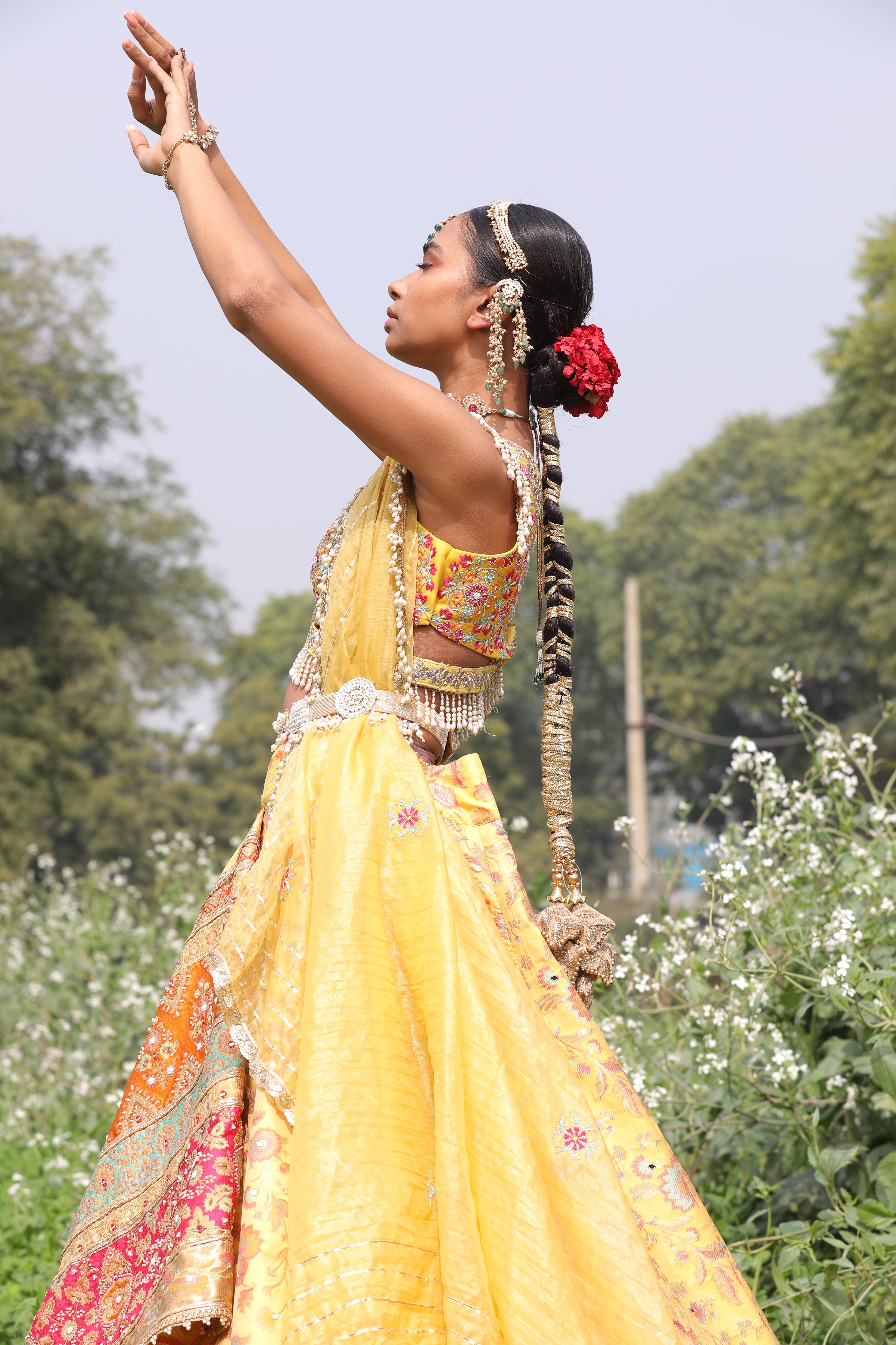 Women's Yellow Floral Asymmetrical Lehenga Set  sideview