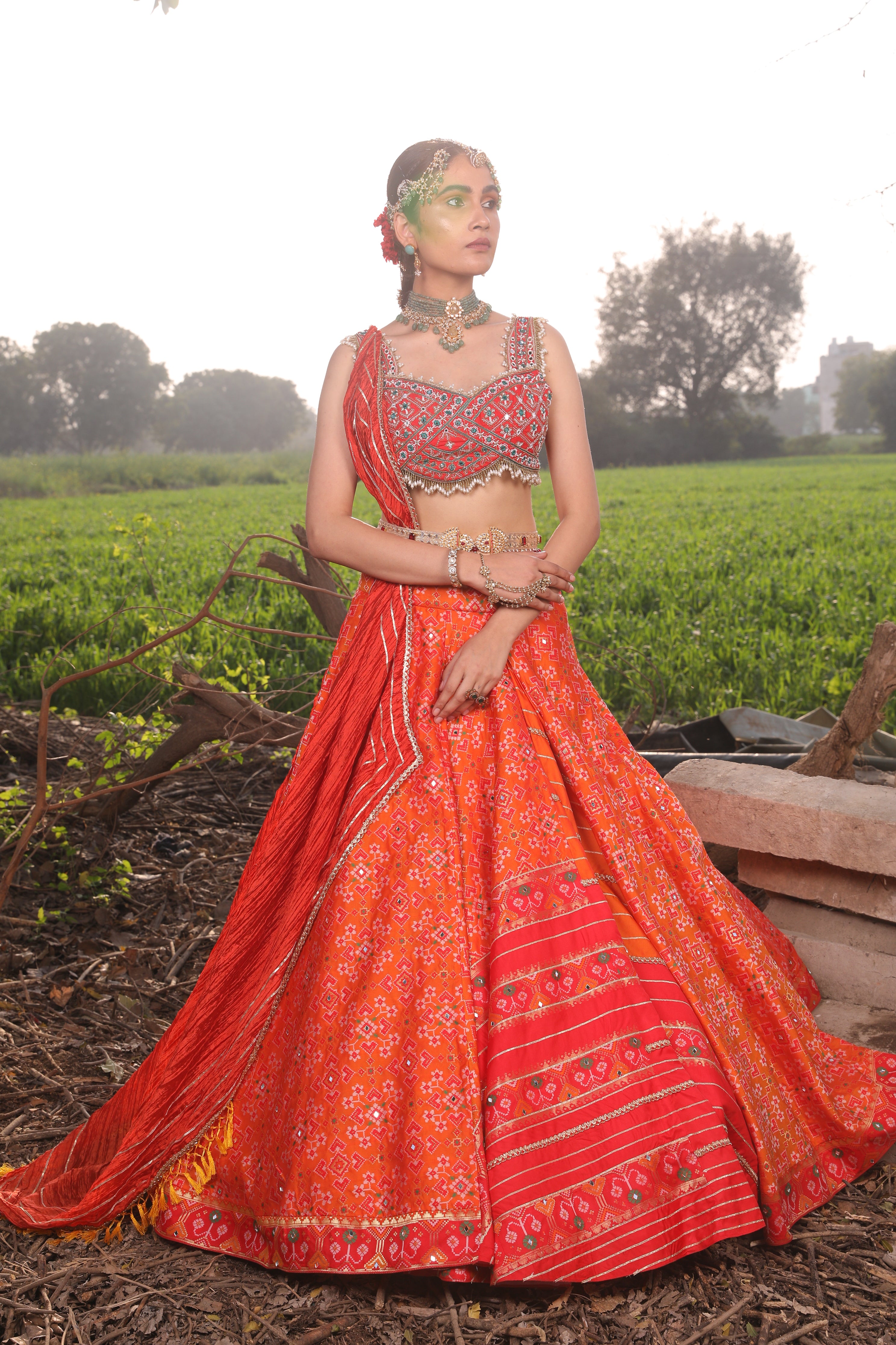 Women's Orange Woven Banarasi Silk Lehenga Set