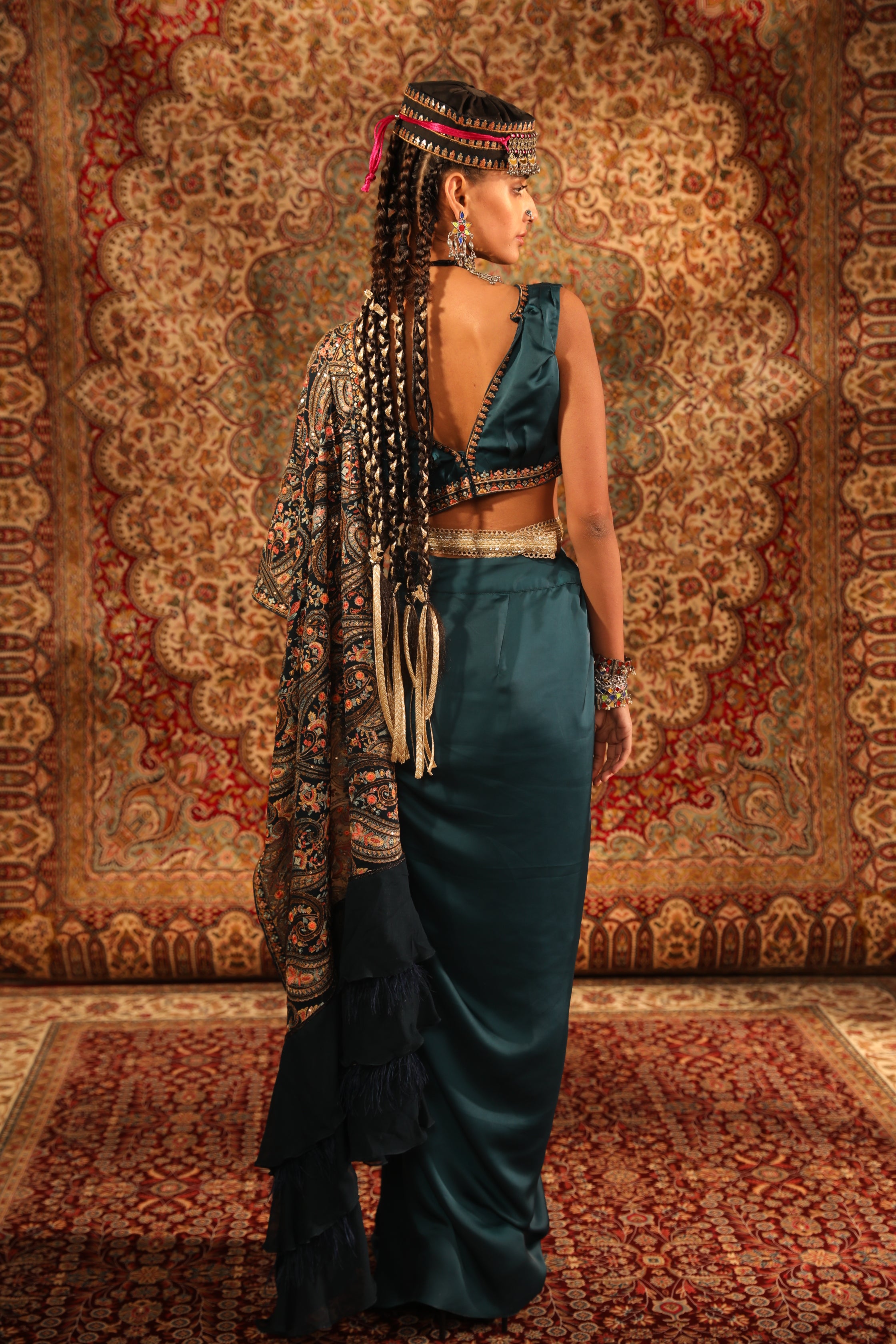 Women's Teal Kashida Draped Saree Skirt Set backview