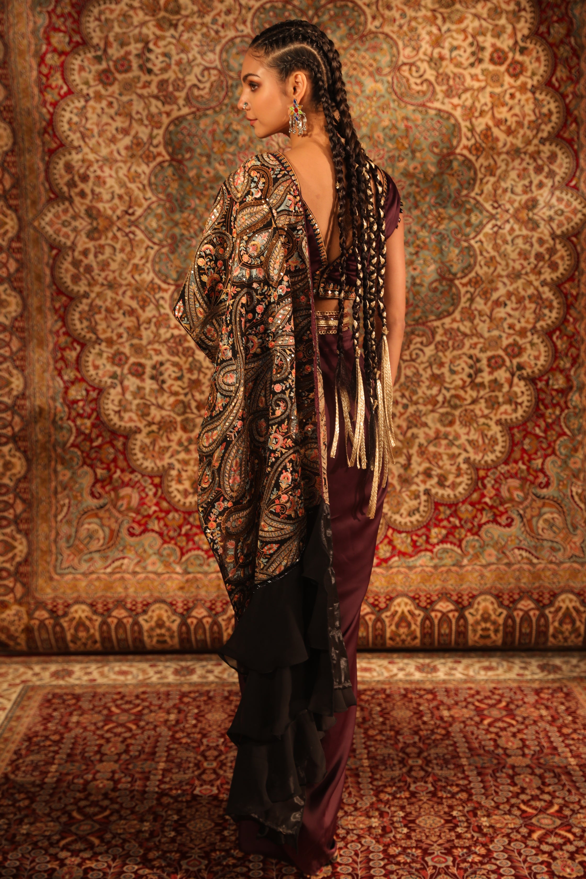 Women's Teal Embroidered Draped Saree Skirt Set
