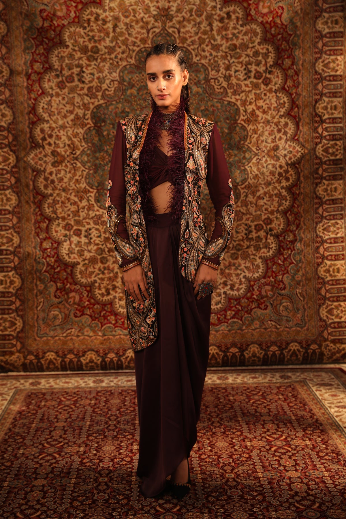 Women's Wine Embroidered Hi-Low jacket Set | Aditi Gupta