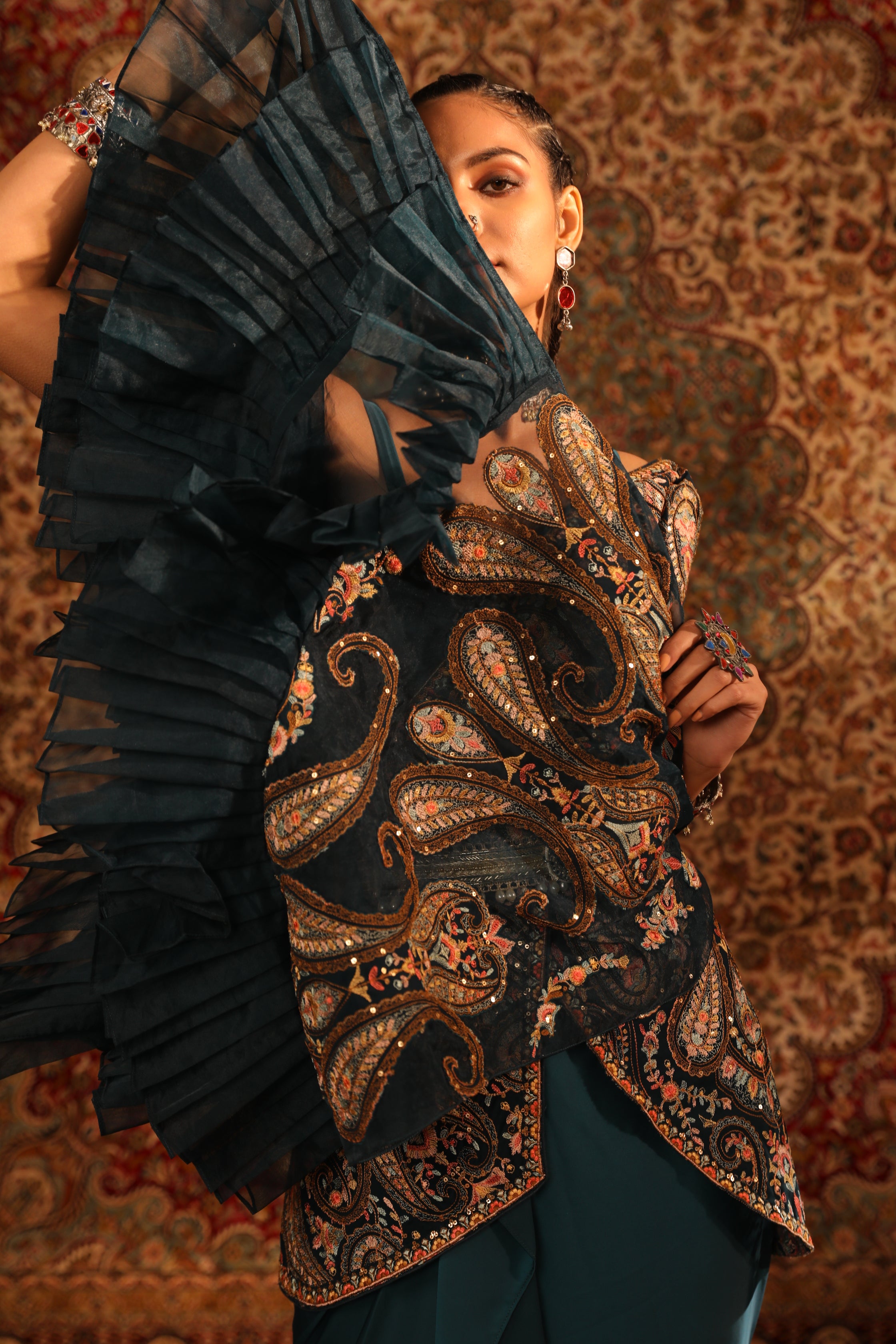 Women's Teal Kashida Draped Skirt Saree Set
