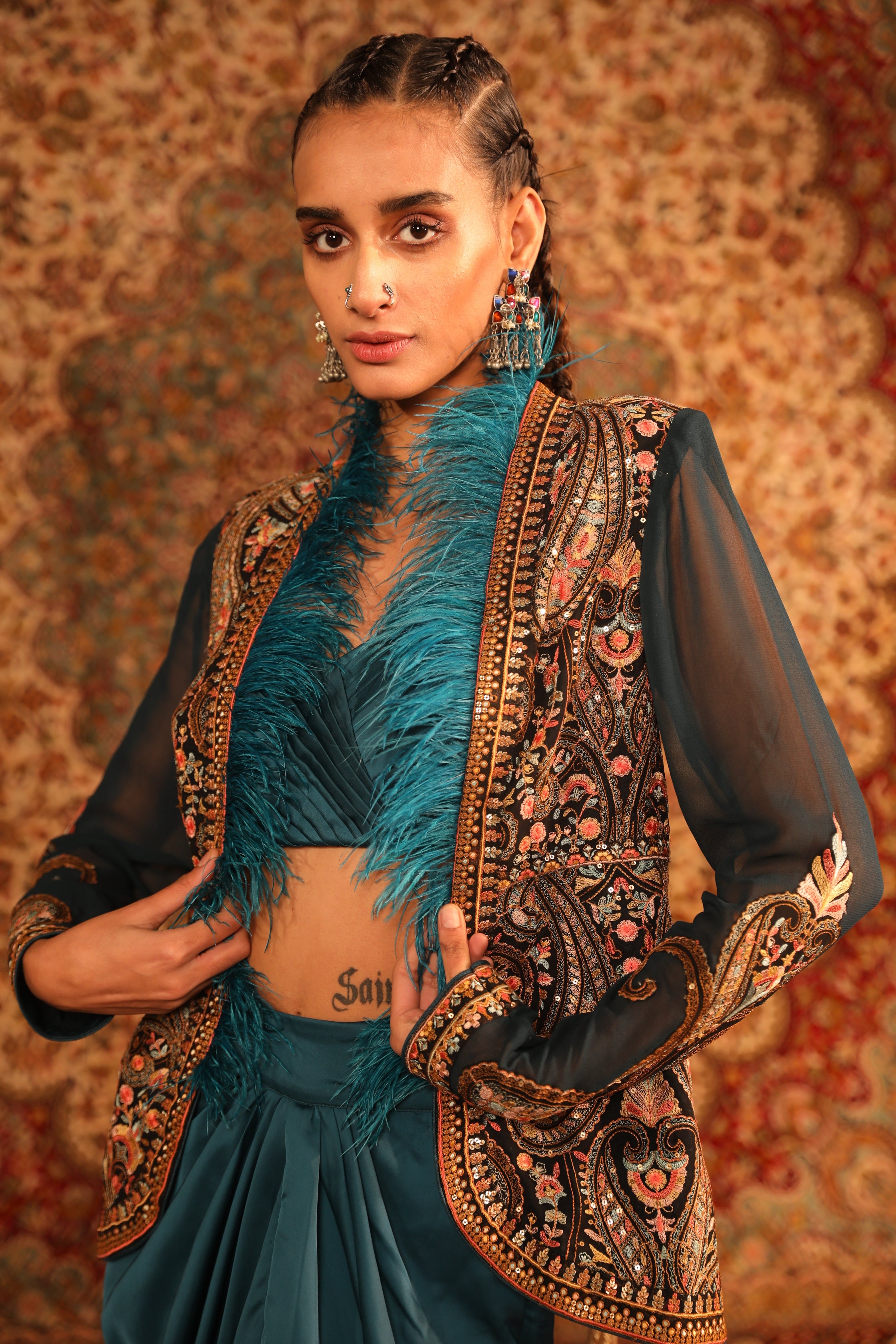 Women's Teal Embroidered Short Jacket Set