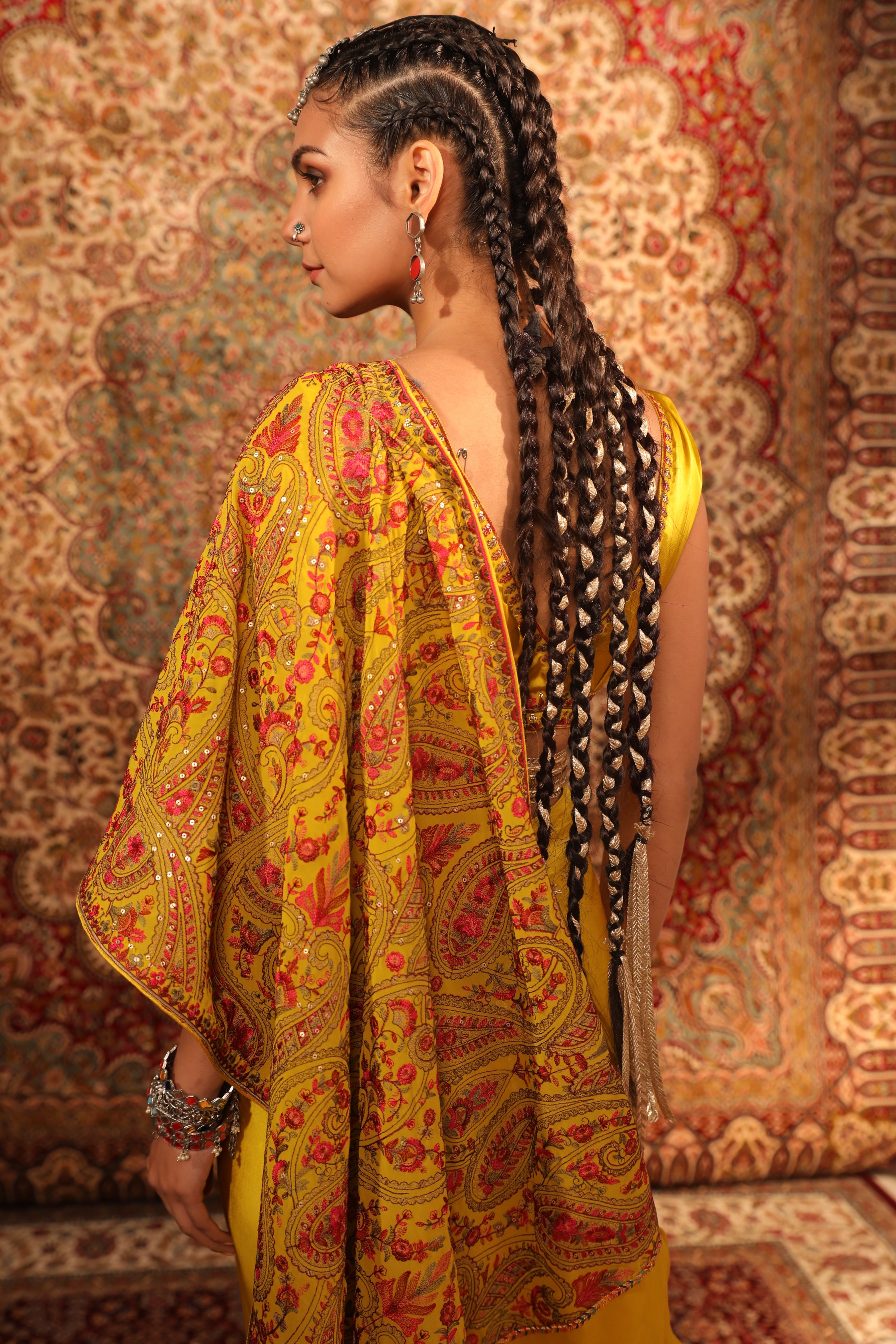  Mustard Kashida Embroidered Draped Saree backview