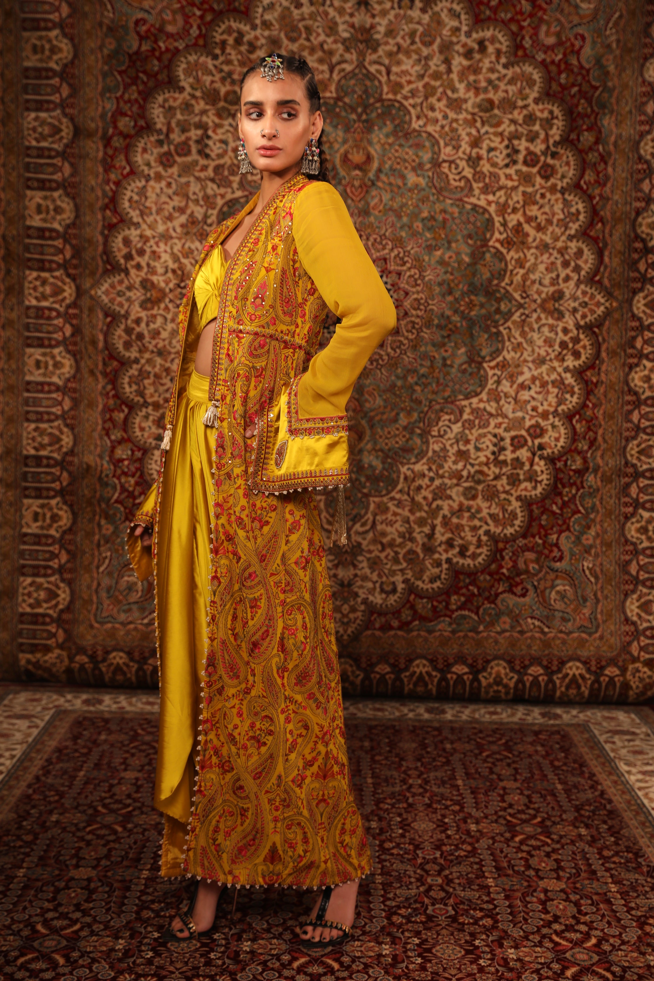 Mustard Kashida Embroidered Draped Saree sideview 