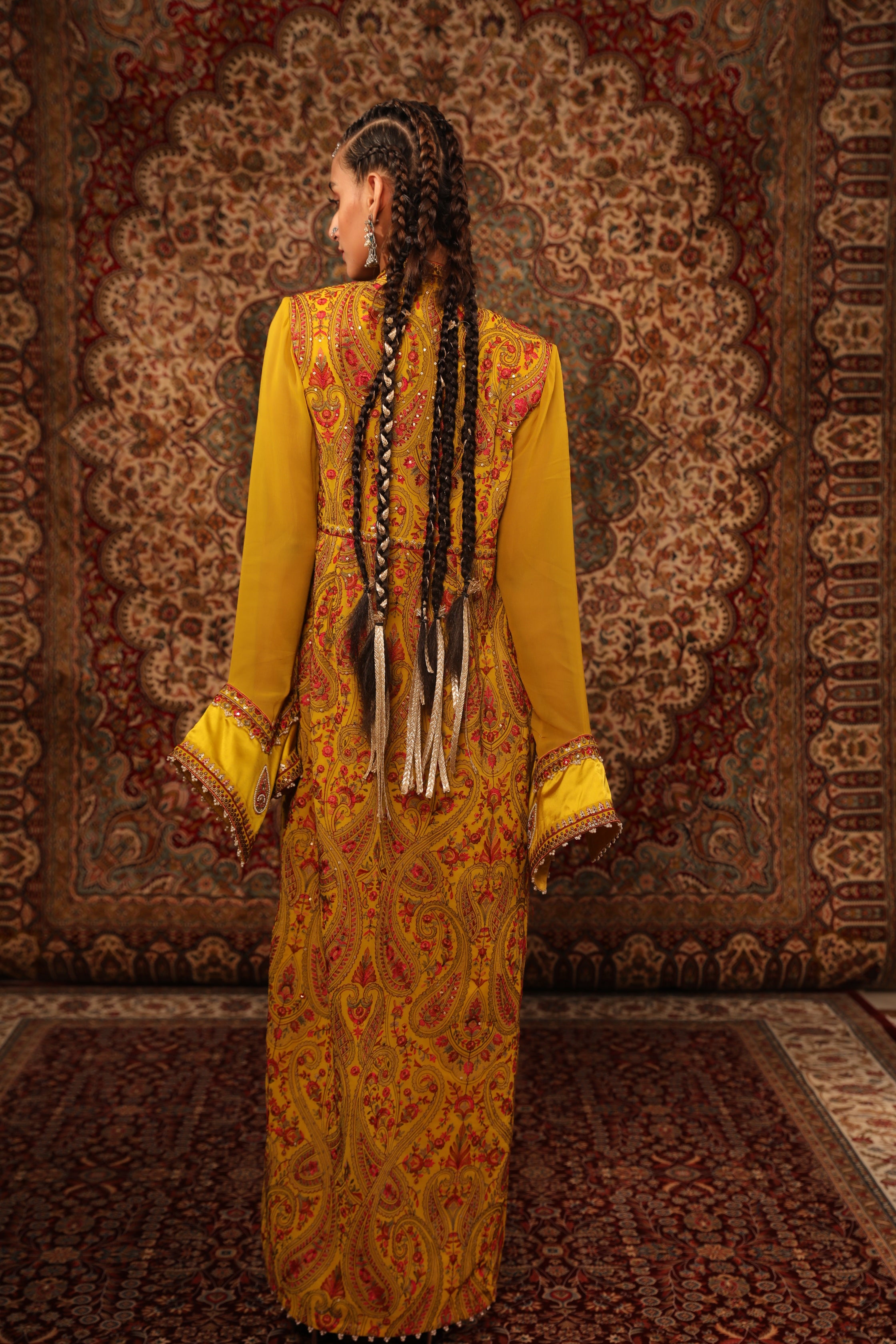 Women's Mustard Embroidered Long Jacket Set backview