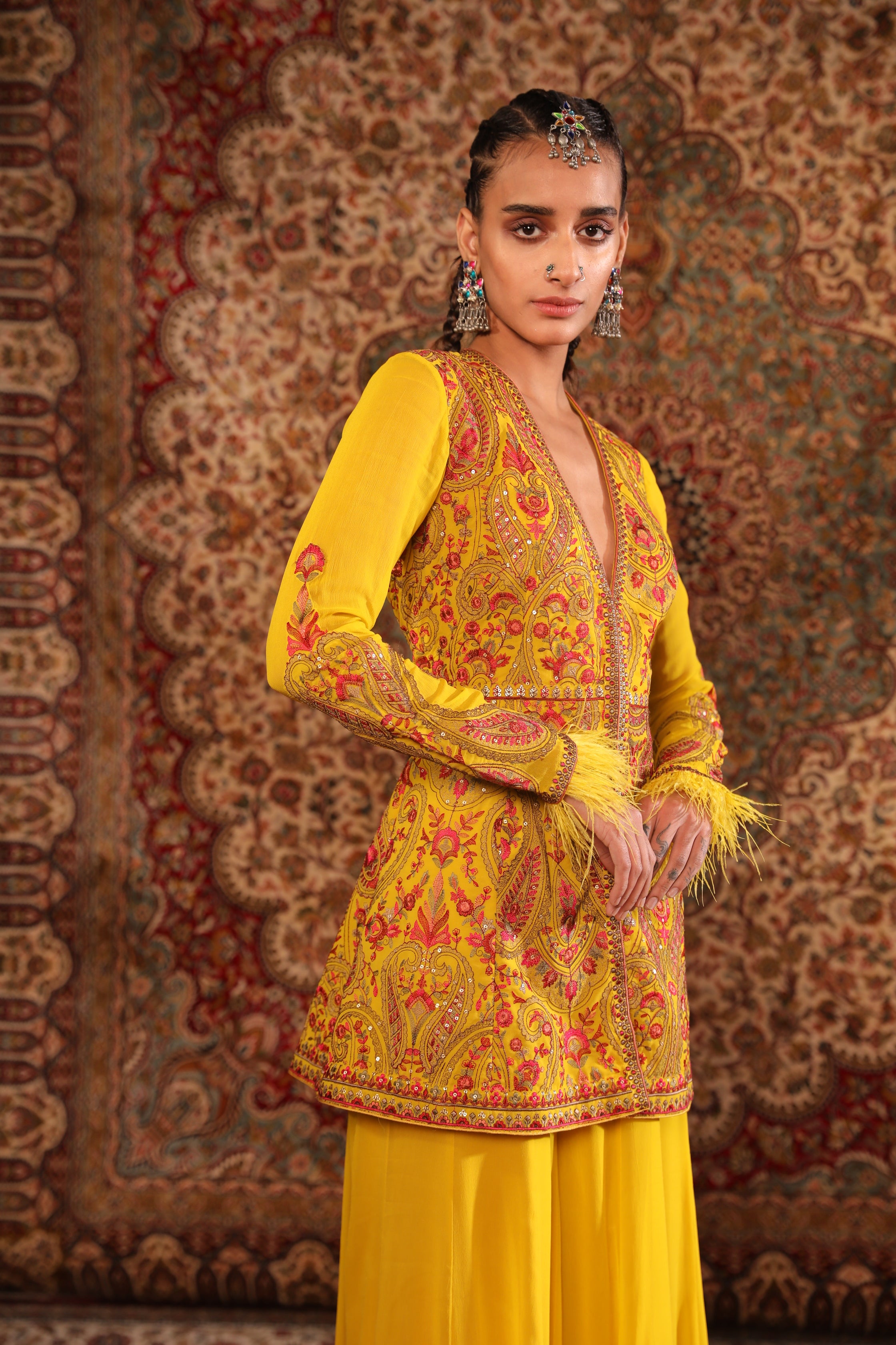 Women's Mustard Kashida Embroidered Sharara set sideview