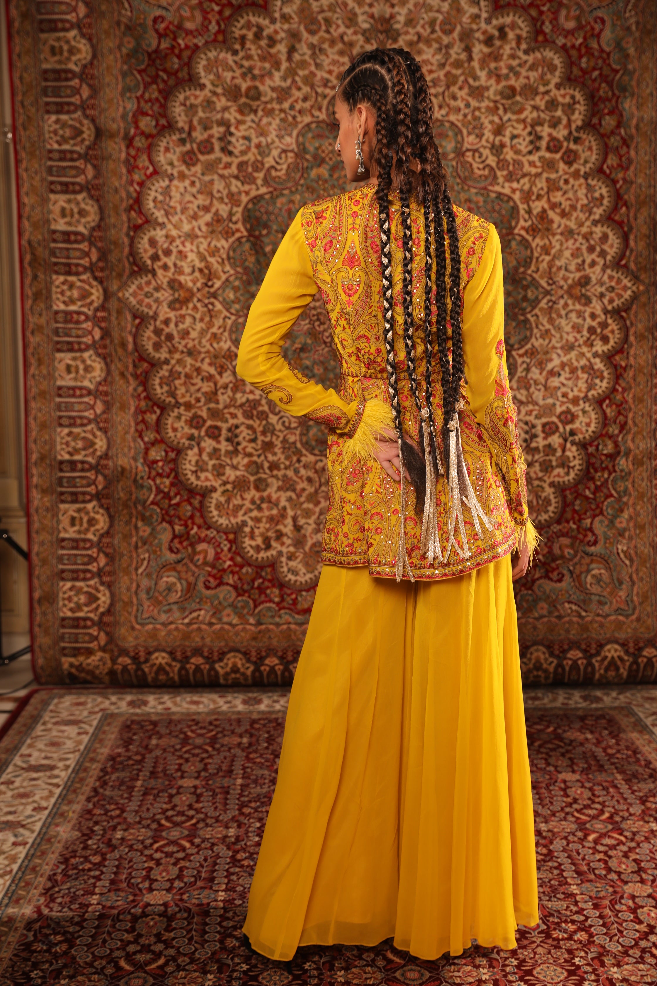 Women's Mustard Kashida Embroidered Sharara set backview