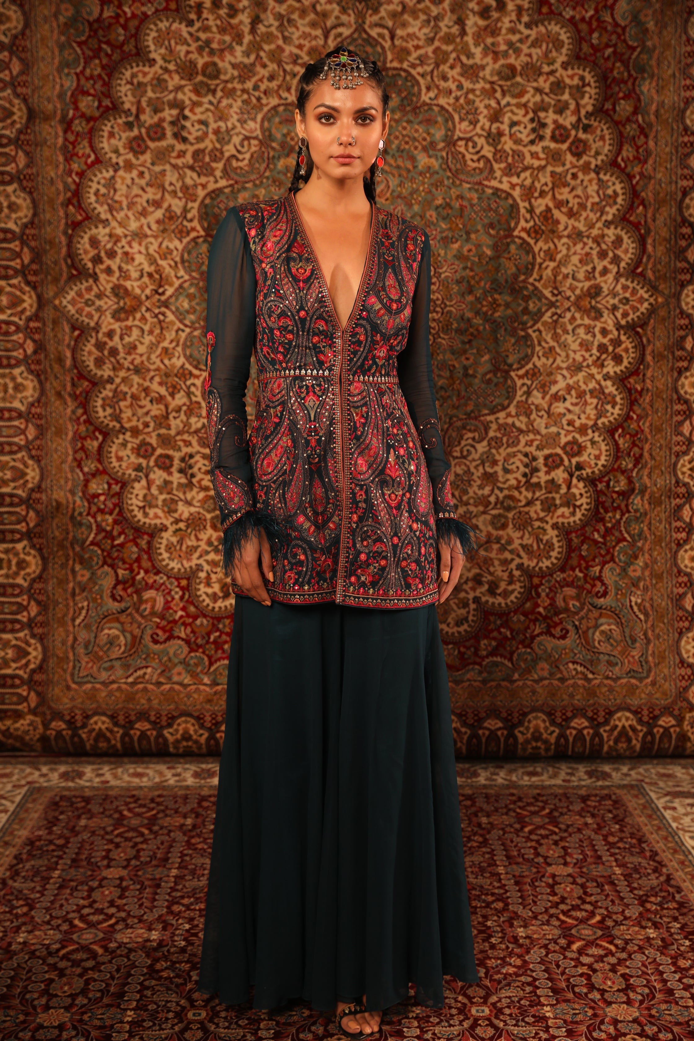 Women's Teal kashida Embroidered Sharara Set