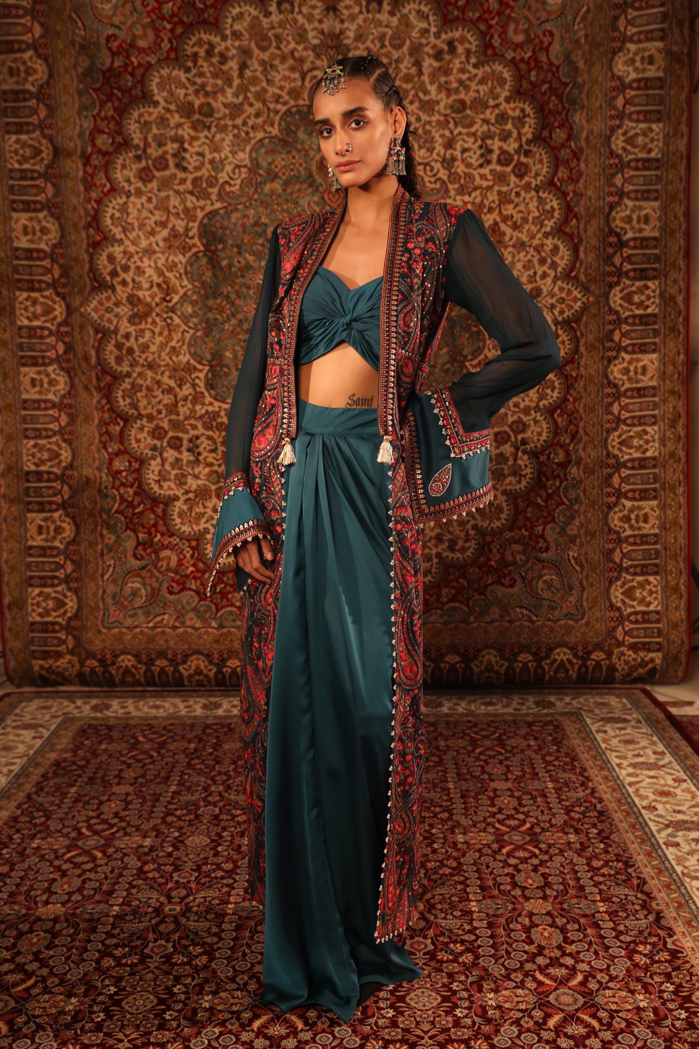 Women's Teal Kashida Embroidered long jacket frontview