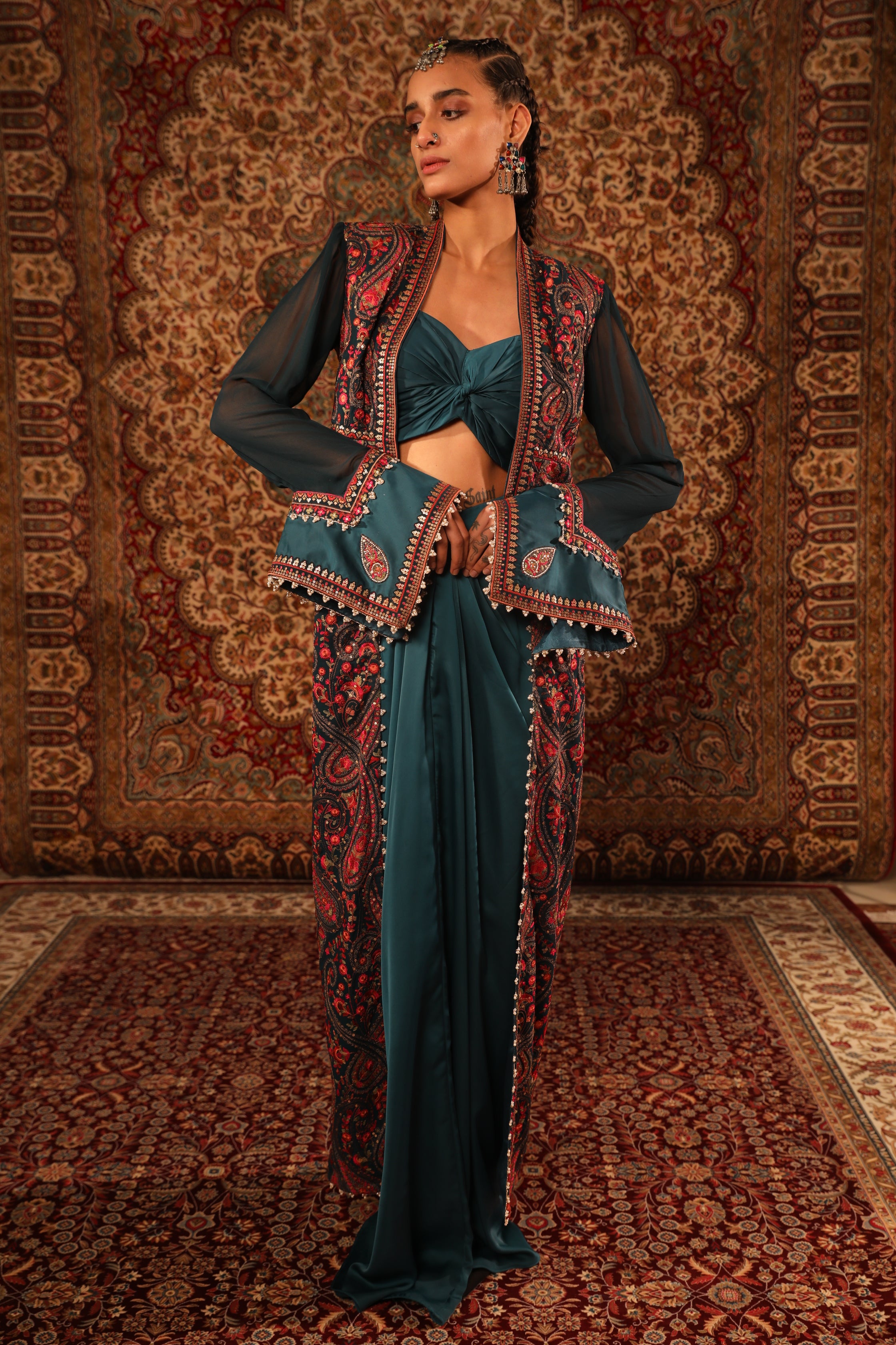 Women's Teal Kashida Embroidered long jacket