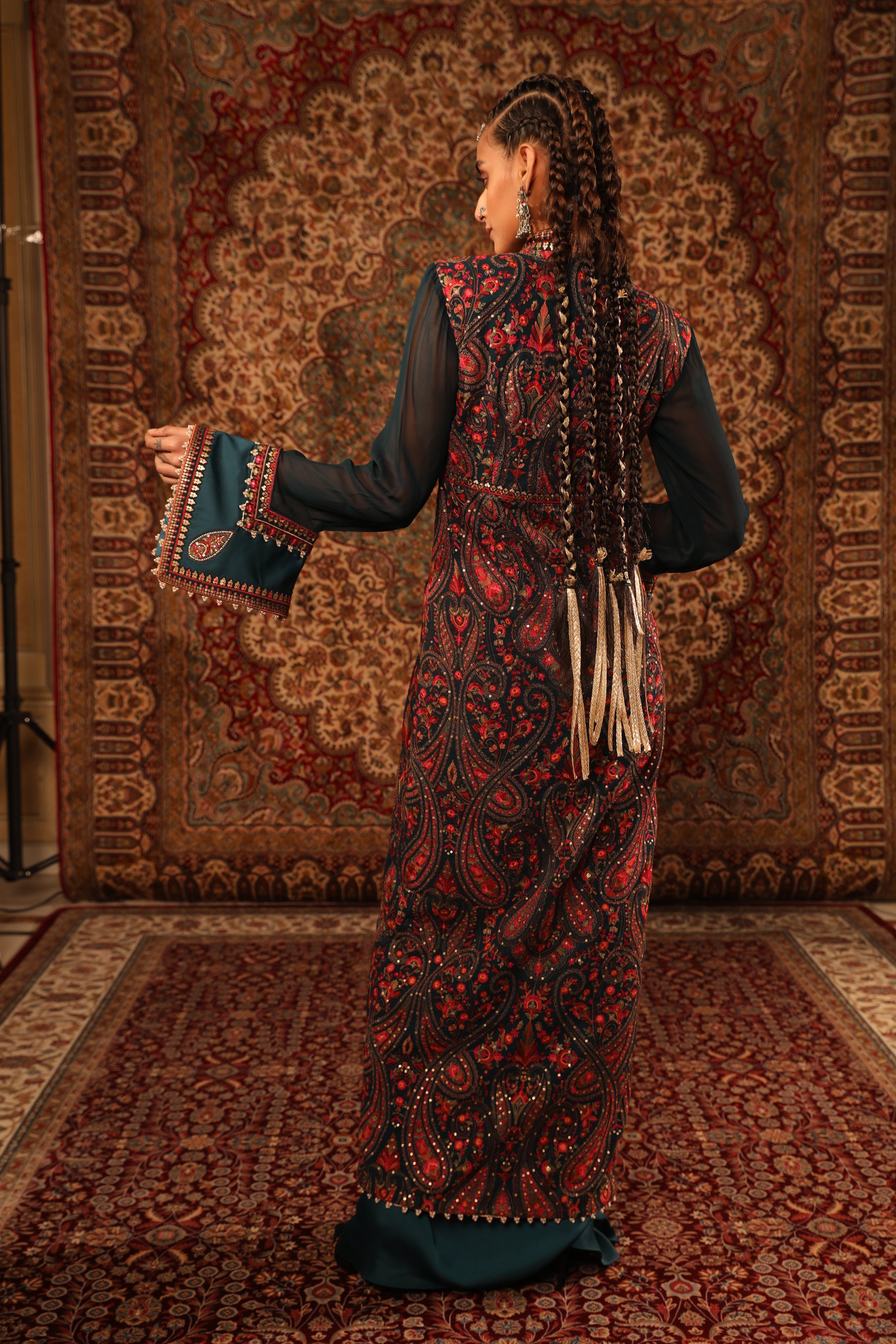 Women's Teal Kashida Embroidered long jacket backview