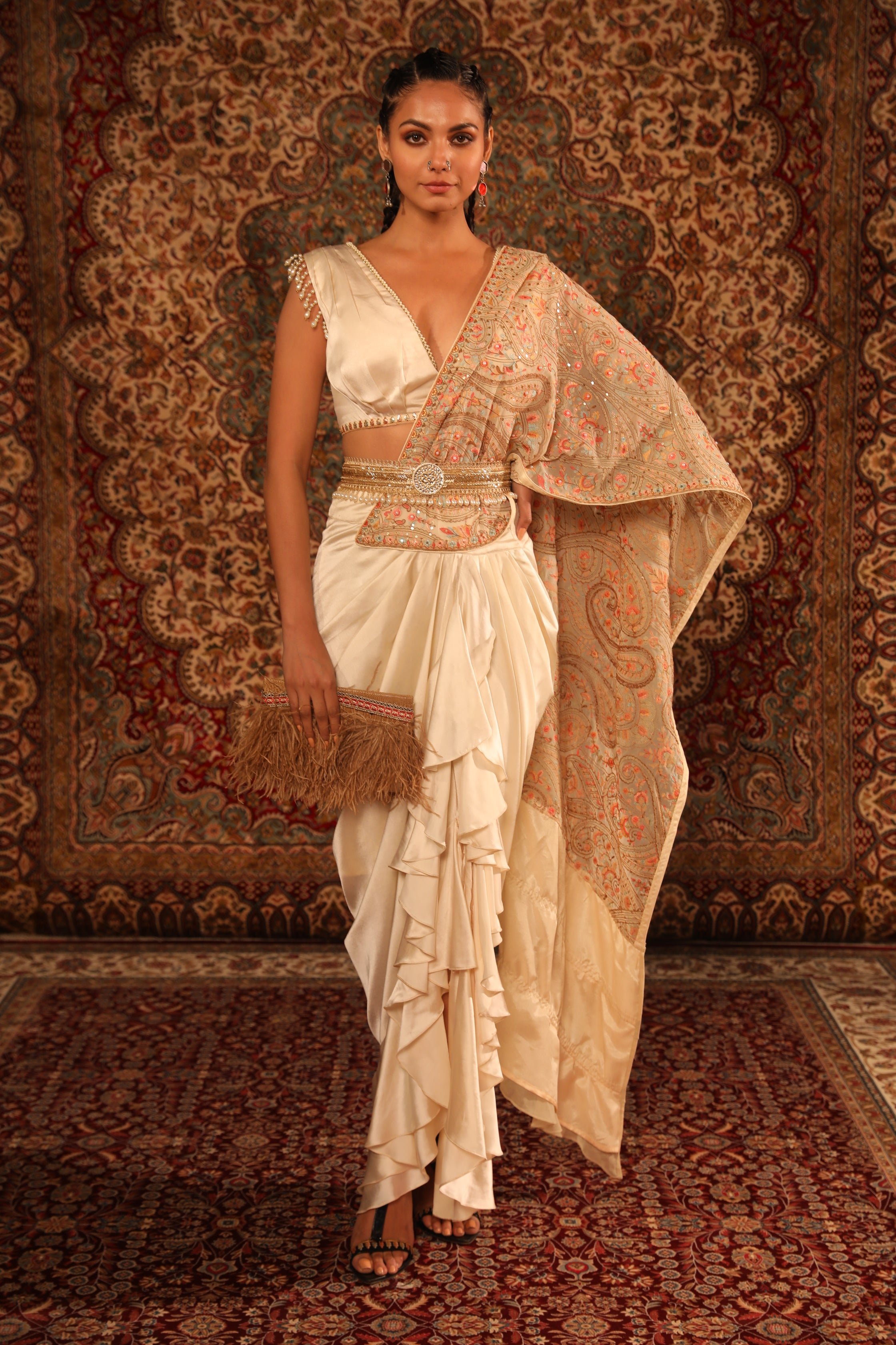 Ivory Kashida Draped saree