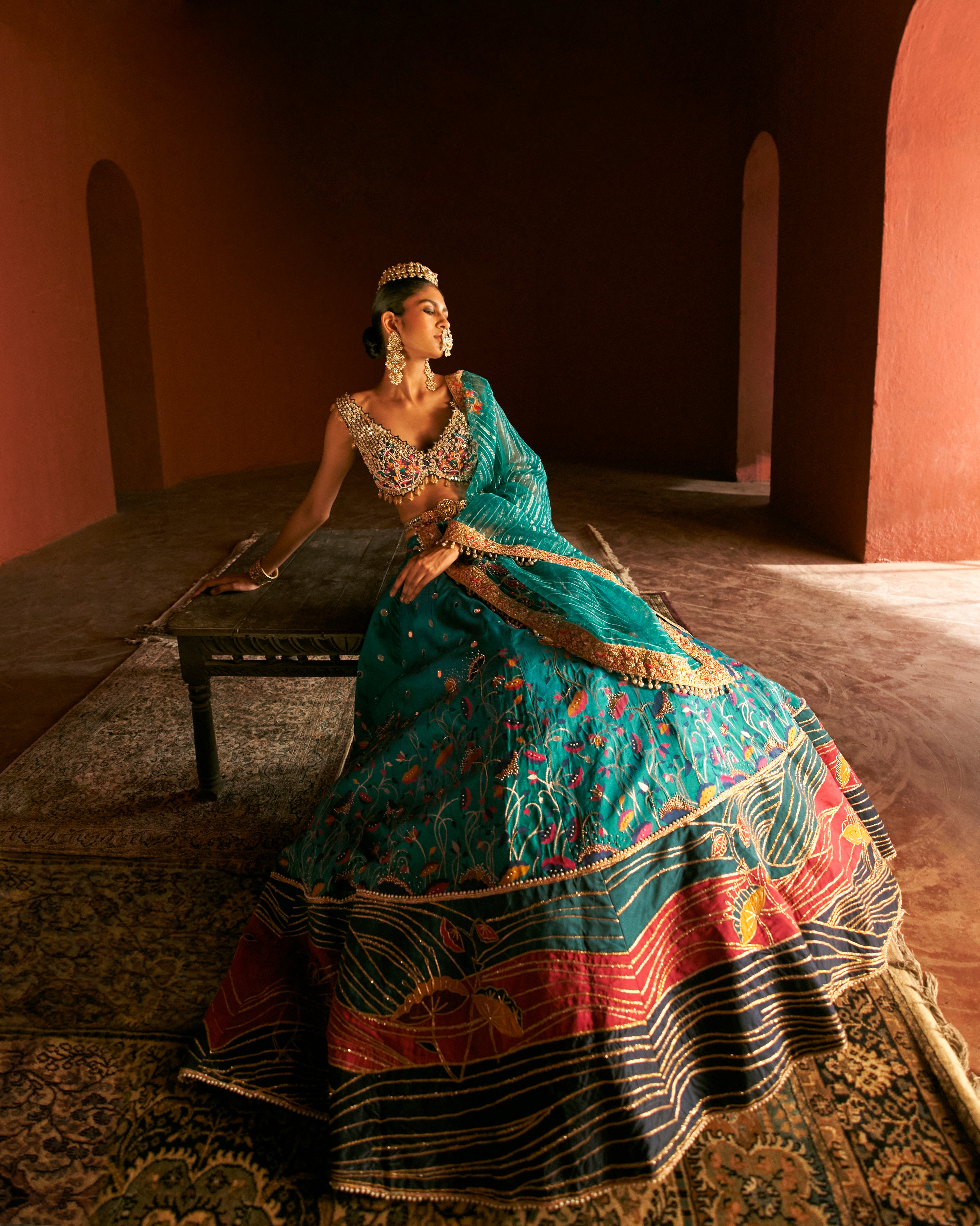 Teal Green Zari Woven Paithani Lehenga