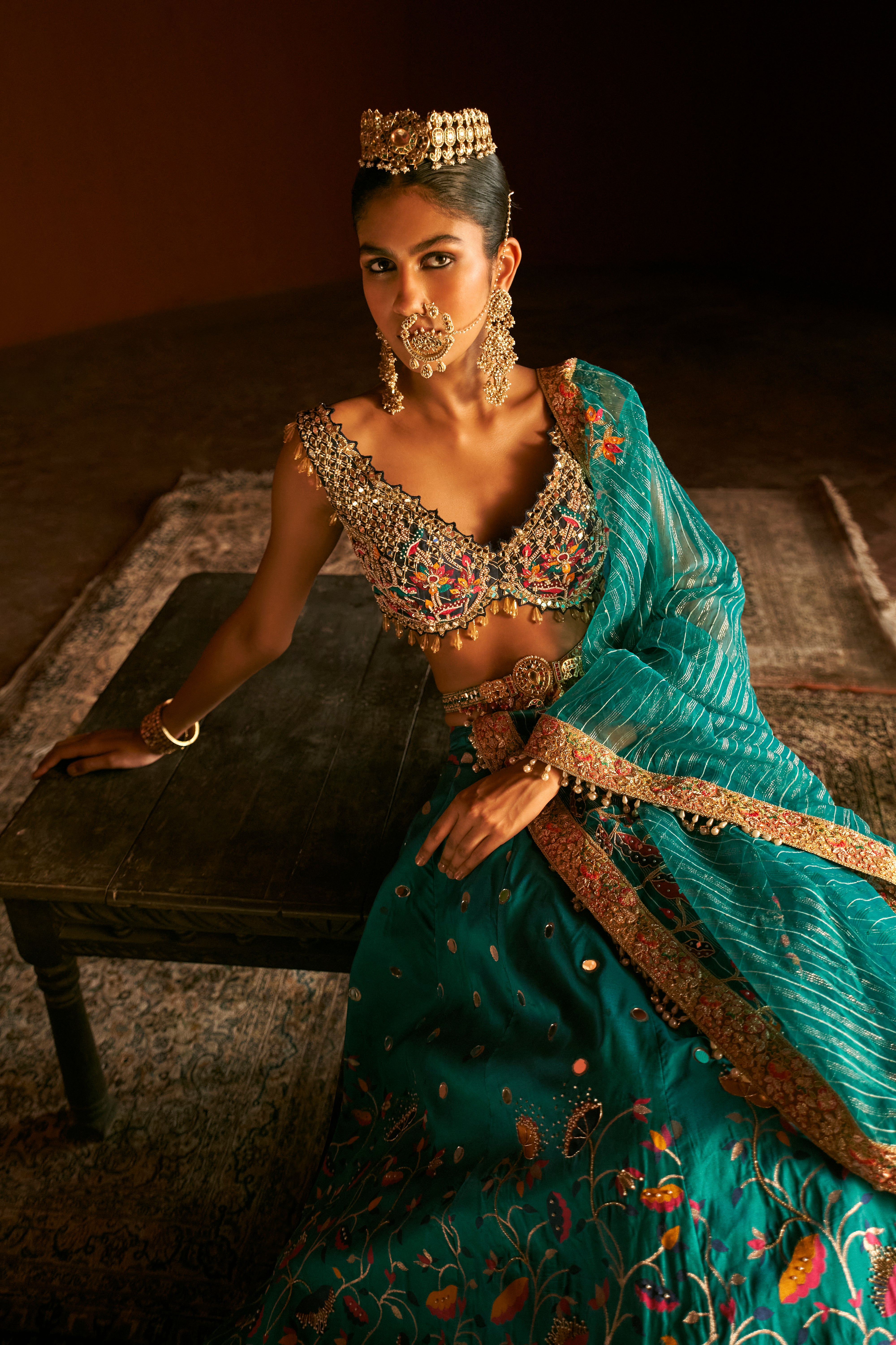 Teal Green Zari Woven Paithani Lehenga