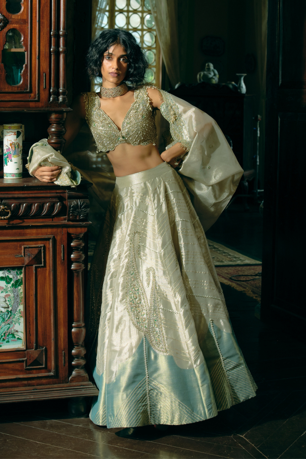 Pearl gold silk zari tissue lehnga set