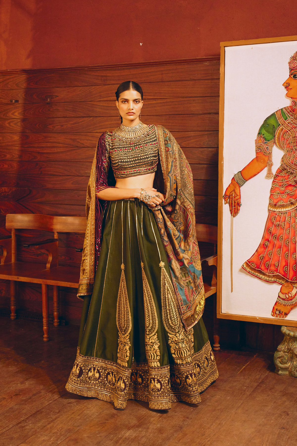 Mangalam Emerald Green Paisley Lehenga With Kalamkari Duppata Set