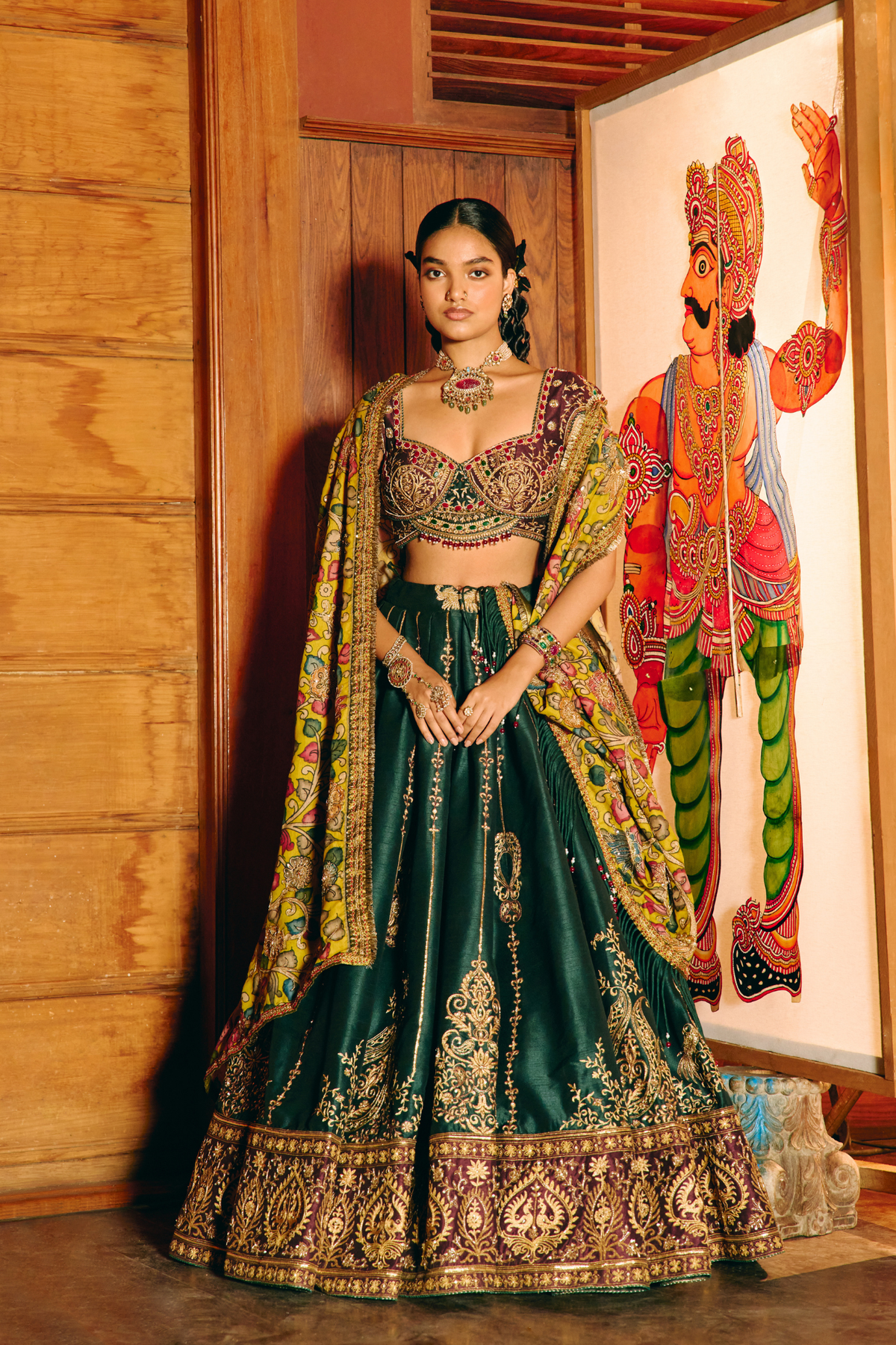 Kanti Emerald Green Lehenga With Kalamkari Floral Duppata Set