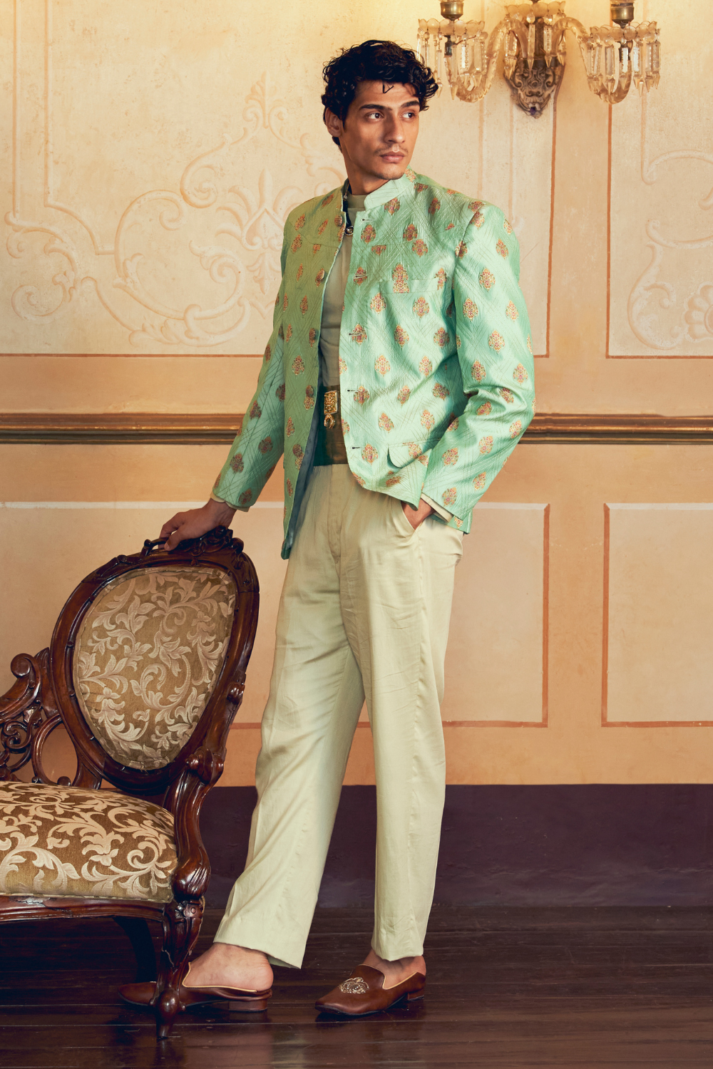 Mint Green Jacquard Banarasi men's jacket set