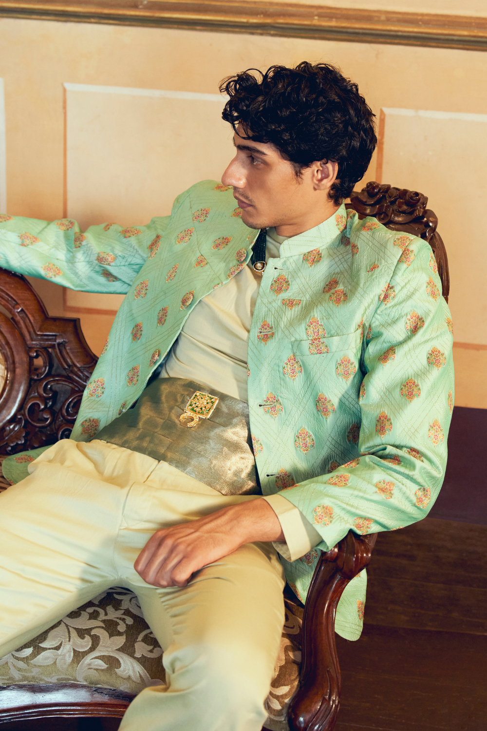 Mint Green Jacquard Banarasi men's jacket set