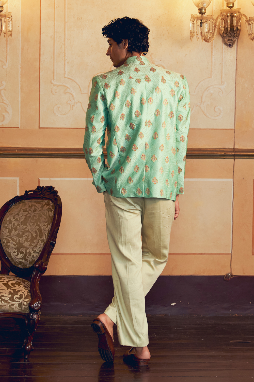 Mint Green Jacquard Banarasi men's jacket