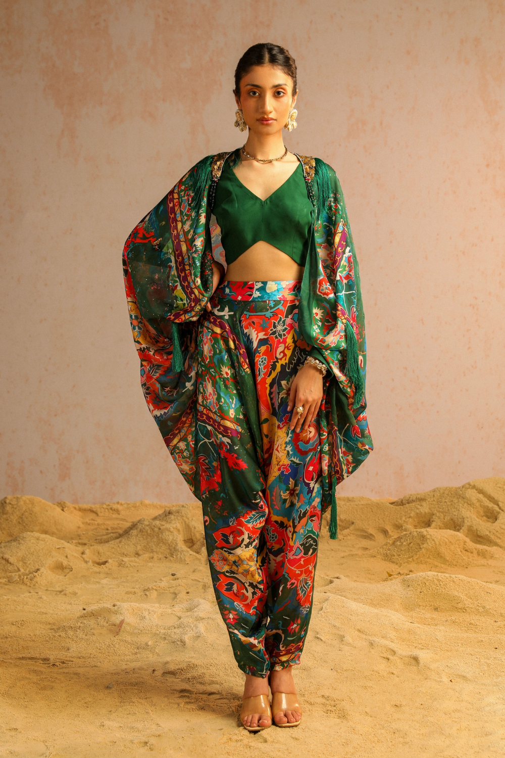 Green harem pants with blouse and cape